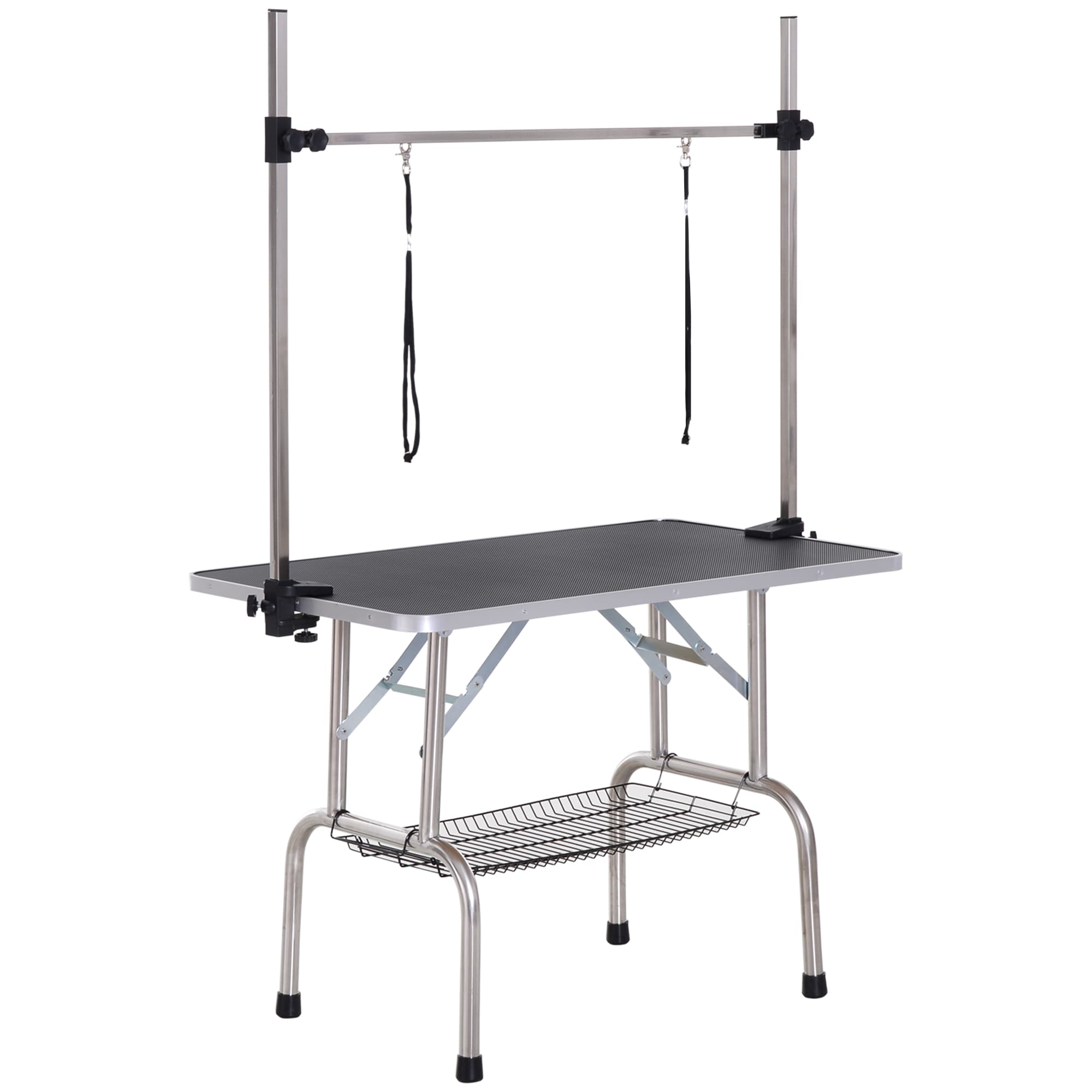 PawHut Table de toilettage pour chien pliable usage à domicile potence inox réglable et panier 107 x 60 x 164 cm noir