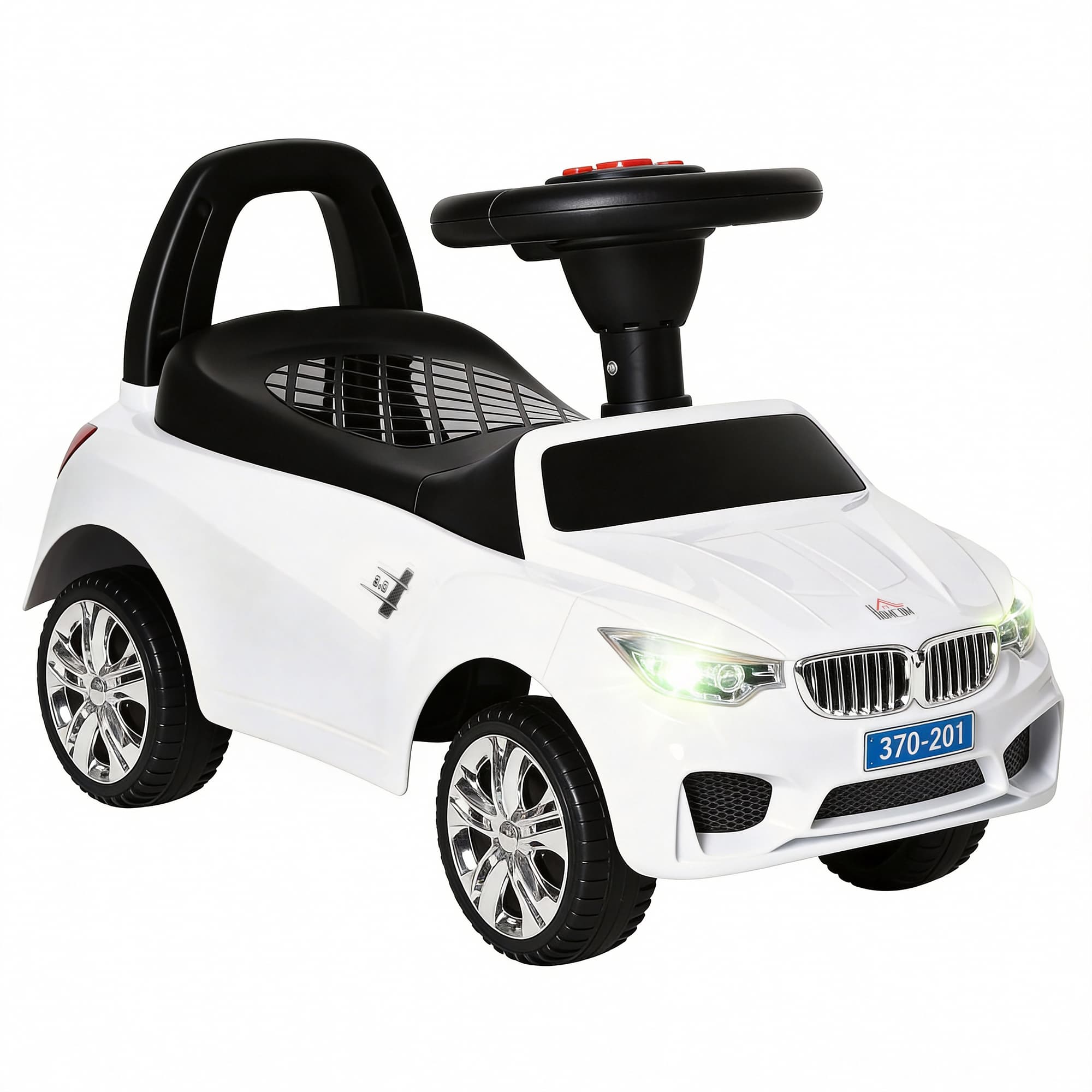 HOMCOM Porteur enfants voiture, véhicule à pousser avec coffre à jouets, klaxon, phares et musique, 63,5 x 28 x 36 cm, blanc