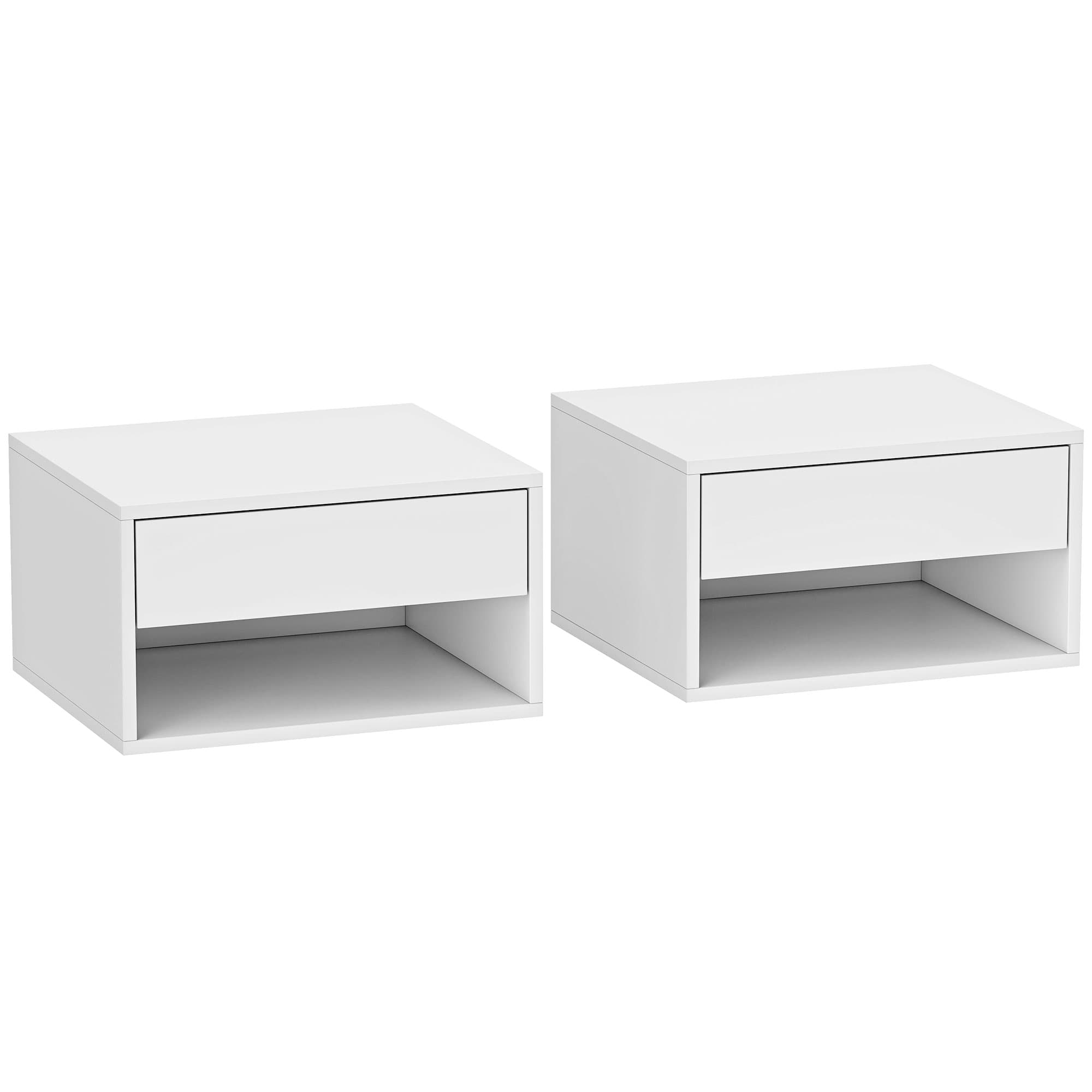HOMCOM Lot de 2 tables de chevet murales, tables de nuit, tiroir, compartiment ouvert, plateau, 37 x 32 x 21 cm, blanc