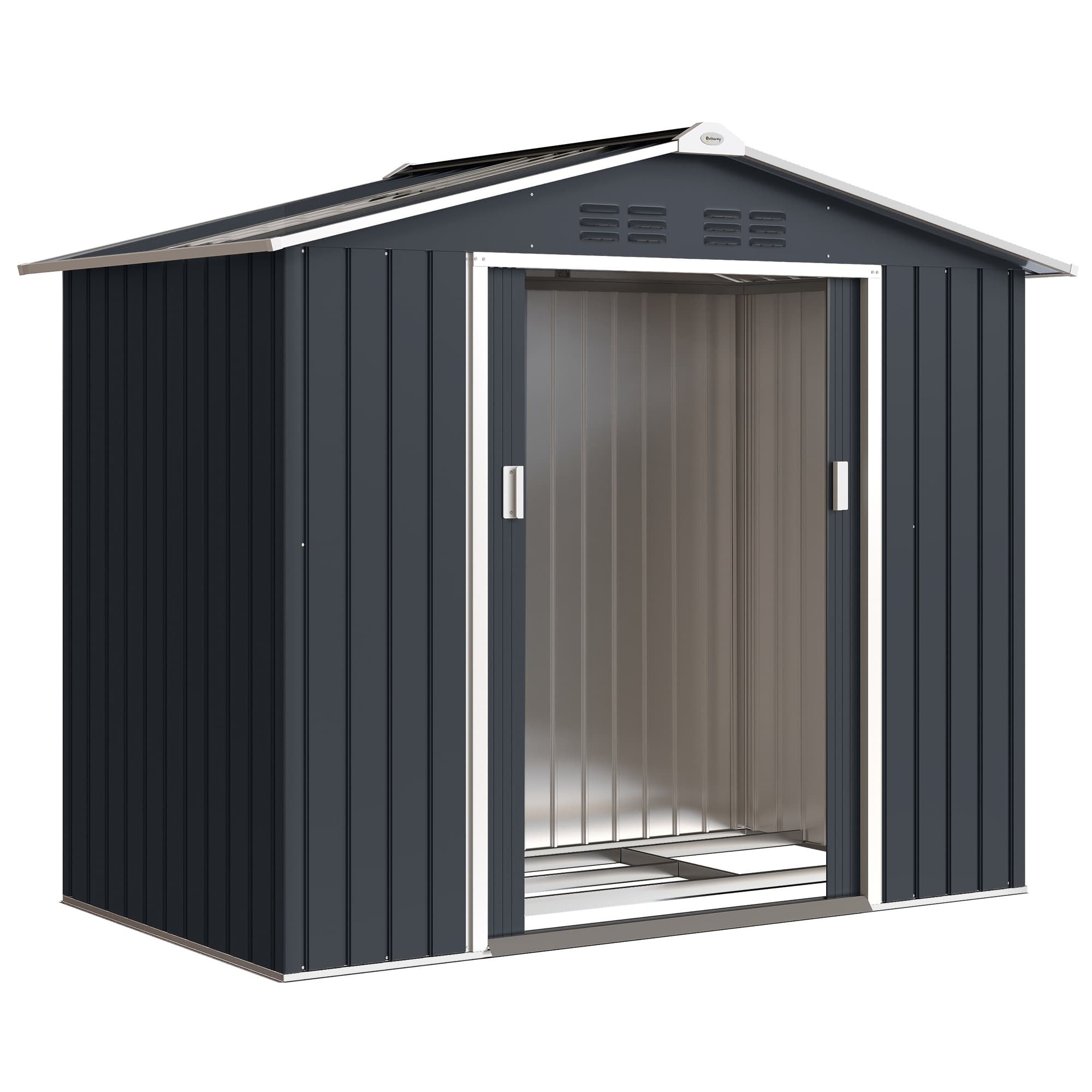 Outsunny Abri de jardin en métal 2,77 m2 cabane de jardin 213 x 130 x 185 cm avec fondation, porte coulissante gris foncé