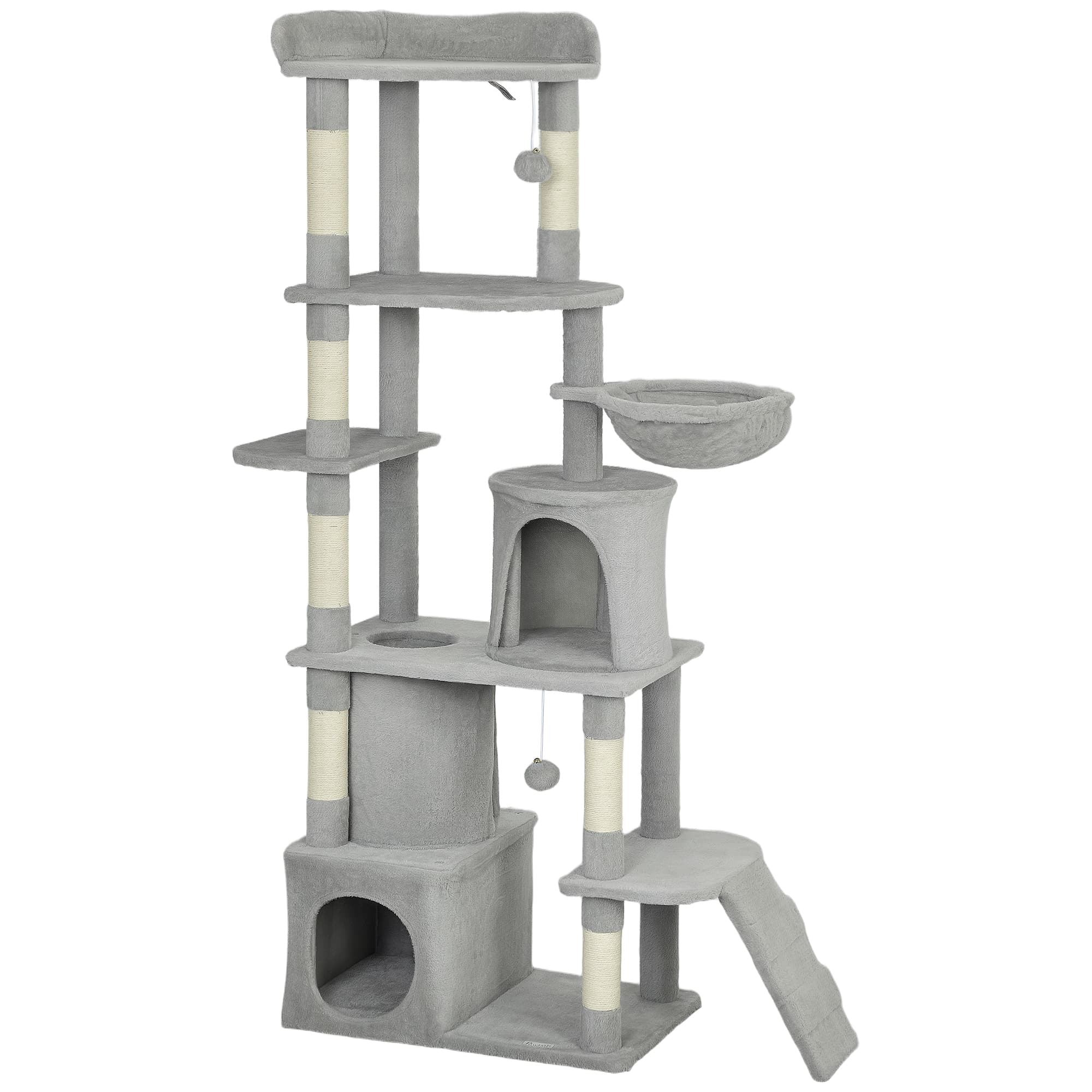 PawHut Arbre à chat tour de jeux 7 poteaux à griffer 3 platesformes 2 niches tunnel hamac et 2 pompons 170 cm gris foncé
