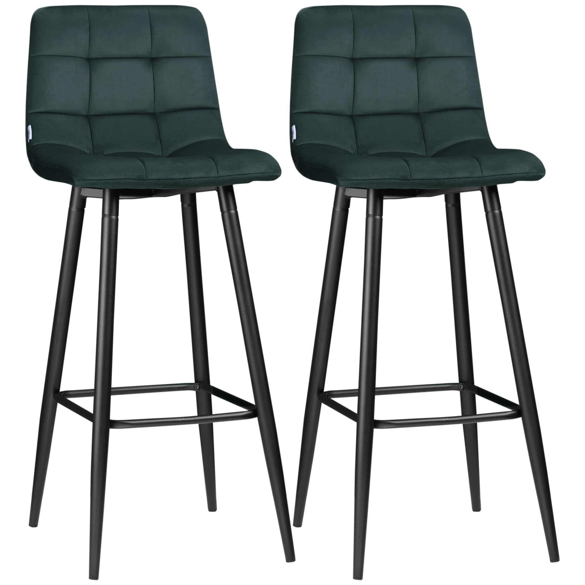 HOMCOM Lot de 2 tabourets de bar 4 pieds en acier Chaise haute bar vert foncé Design Tabouret en velours capitonné hauteur 77 cm Aosom France
