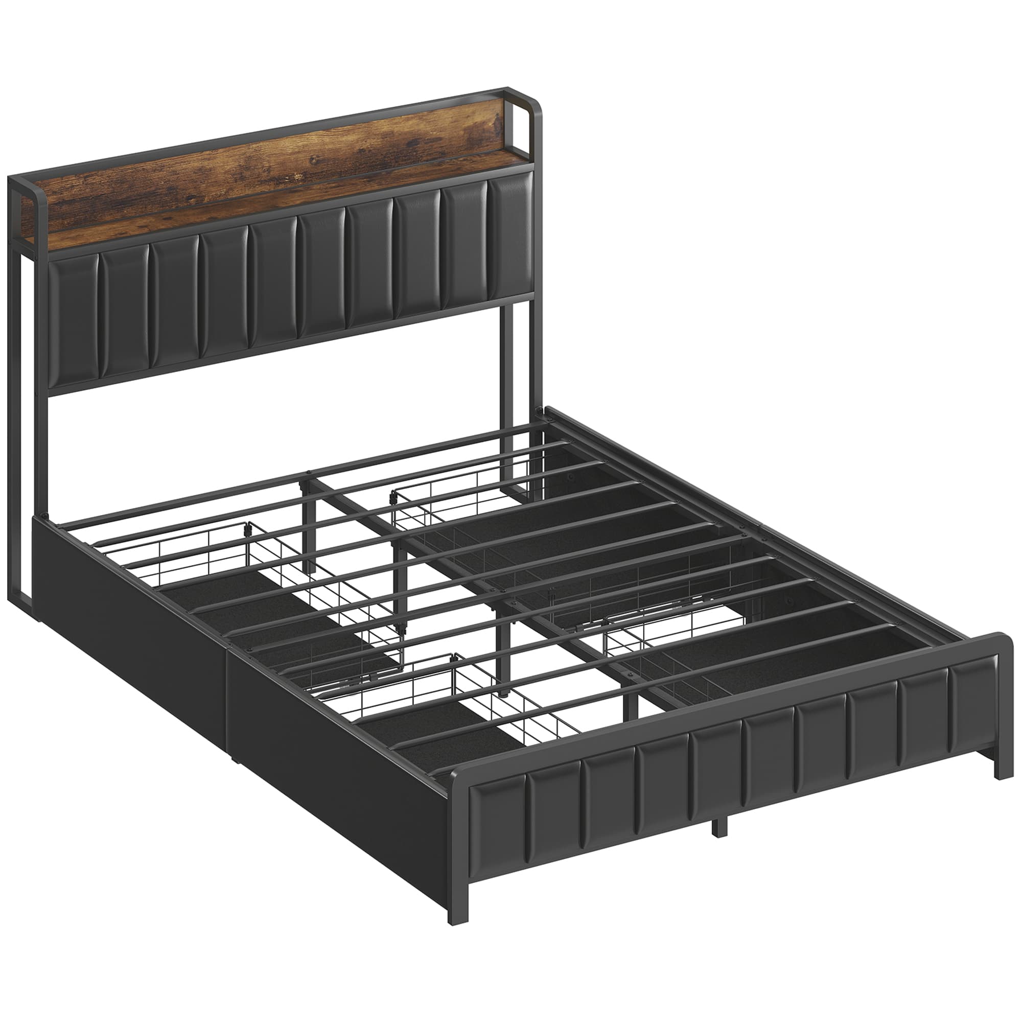 HOMCOM Cadre de lit 140 x 190 cm avec sommier à lattes en métal, lit double rembourré avec 4 tiroirs et étagère, noir