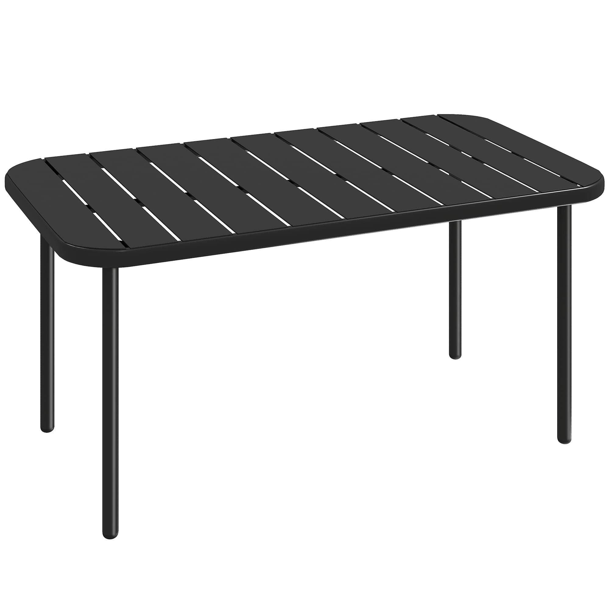 Outsunny Table Basse de Jardin en Acier Galvanisé, Plateau à Lattes, Table Rectangulaire aux Angles Arrondis, 90x50x43cm, Noir