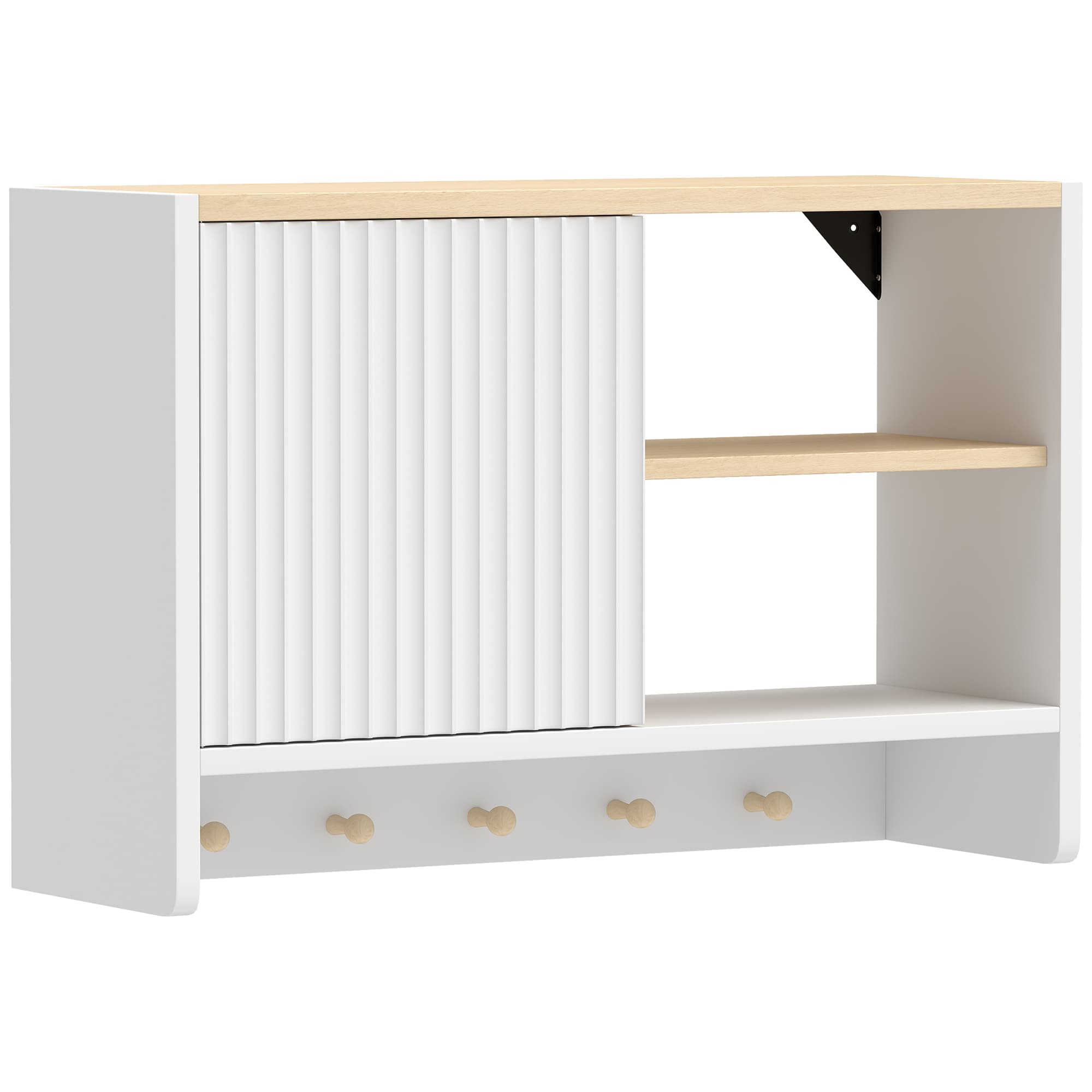 HOMCOM Armoire murale de salle de bain, meuble de rangement de salle de bains avec porte, étagères ouvertes et 5 crochets