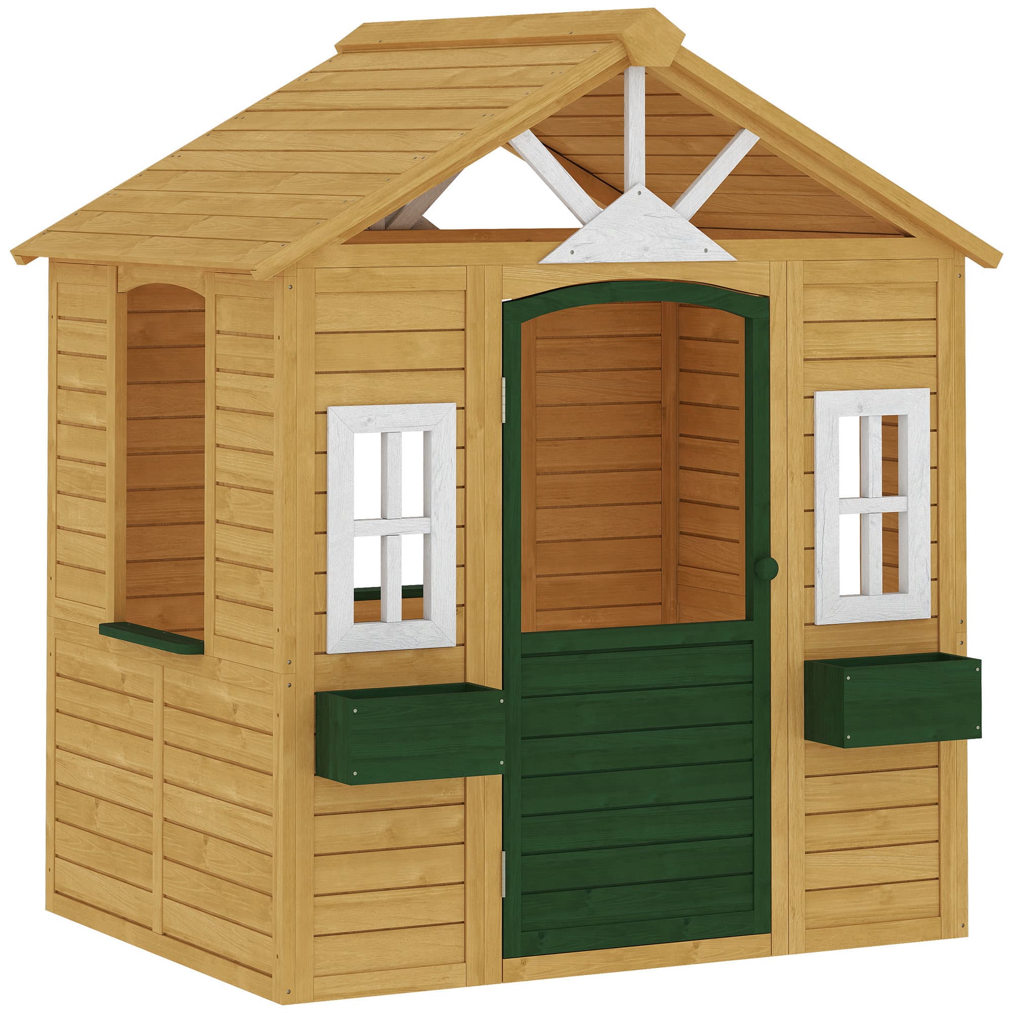 AIYAPLAY Cabane enfant extérieur en bois, maison enfant extérieure avec porte, fenêtres, 2 bacs à fleurs, 134,5x97x150cm, marron