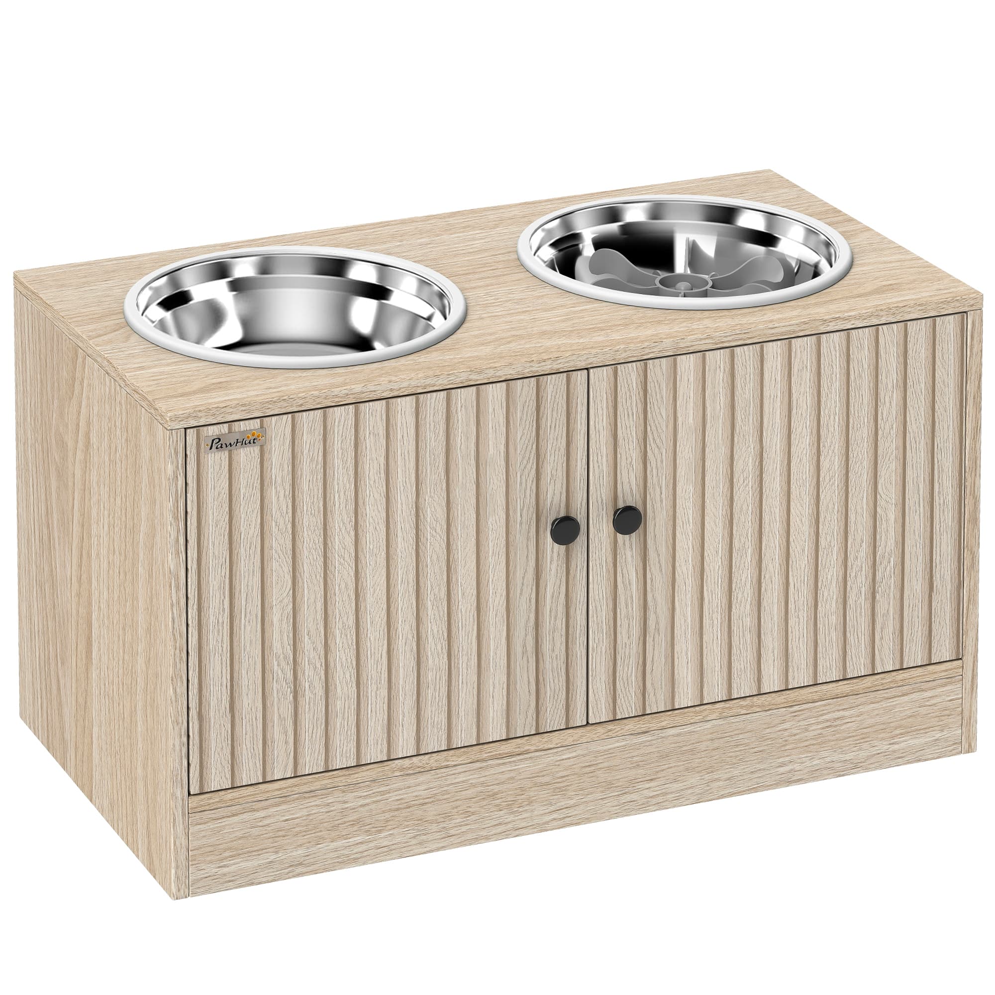 PawHut Gamelles pour chiens surélevées porte-gamelles avec rangement de 40L, 2 bols en acier inoxydable 60 x 30 x 35,5 cm chêne