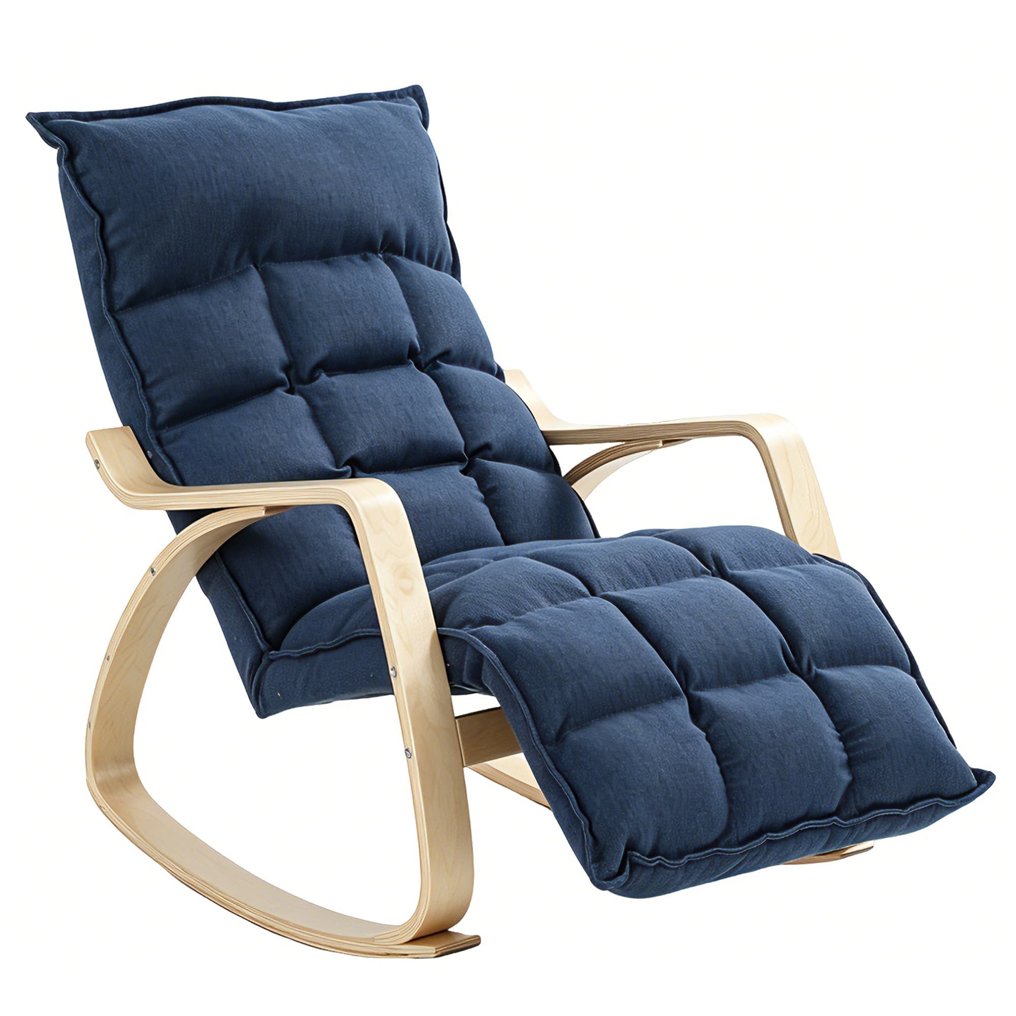 HOMCOM Fauteuil à bascule avec repose-pieds réglable, fauteuil rembourré avec accoudoirs en placage de bouleau, bleu foncé