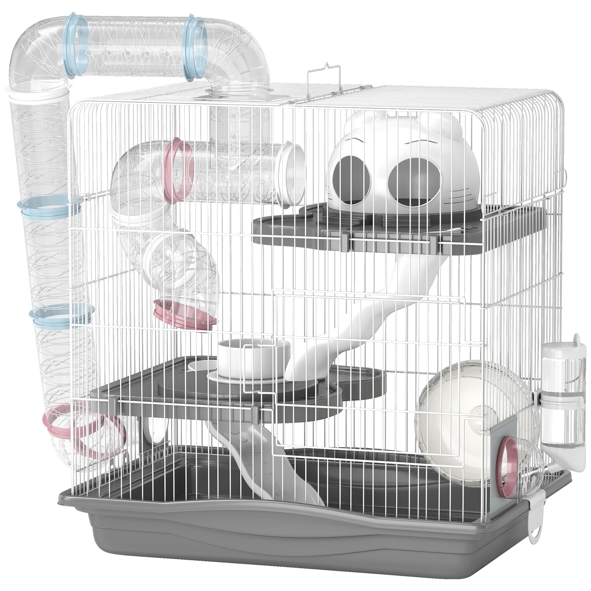 PawHut Cage hamster, cage rongeur à 3 niveaux, roue d'exercice, tunnel, gamelle, niche et rampe d'accès, 45 x 30 x 45 cm, gris