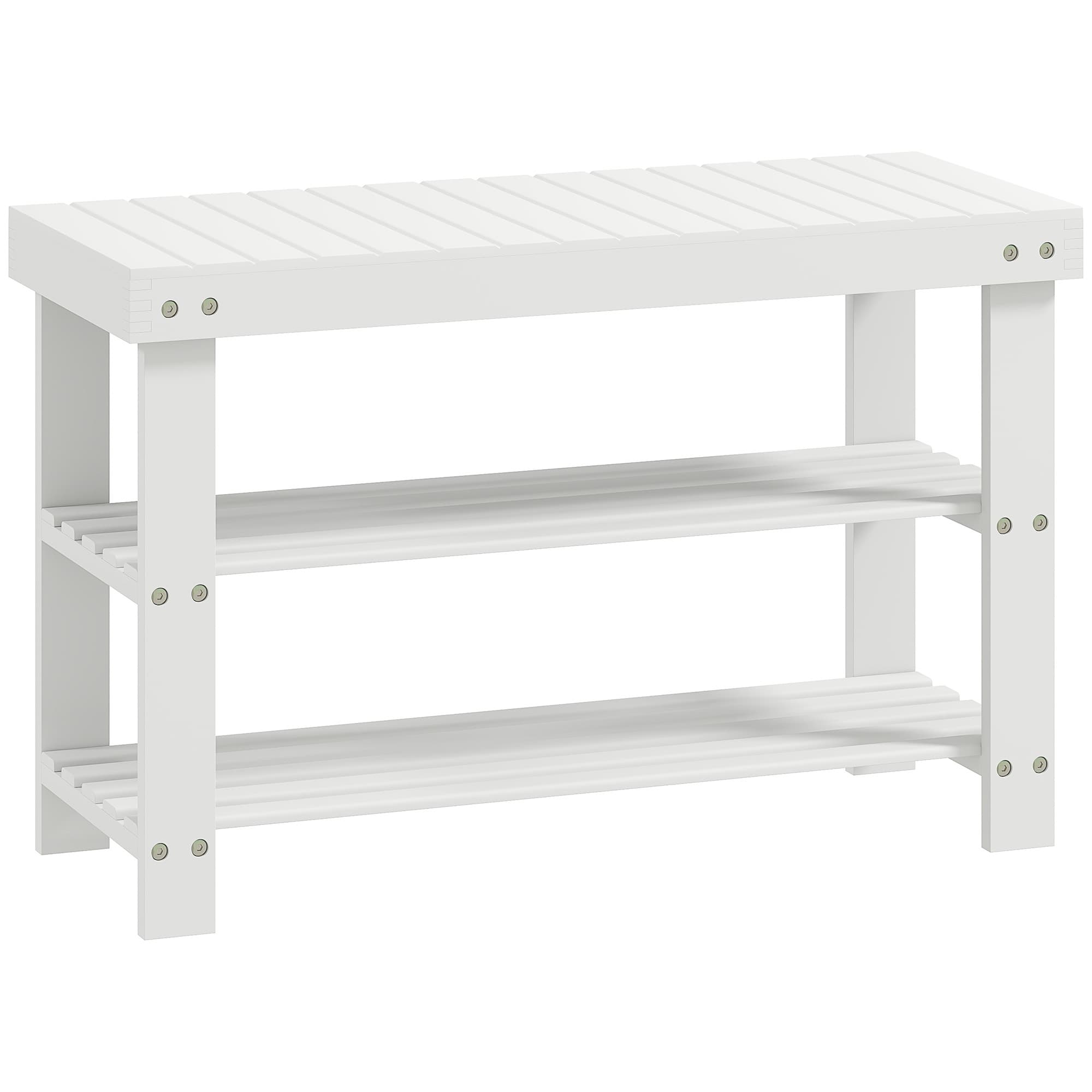 HOMCOM Banc à chaussures en bambou, étagère à chaussures à 3 niveaux, style scandinave, charge 136 Kg, 70 x 28 x 45 cm, blanc