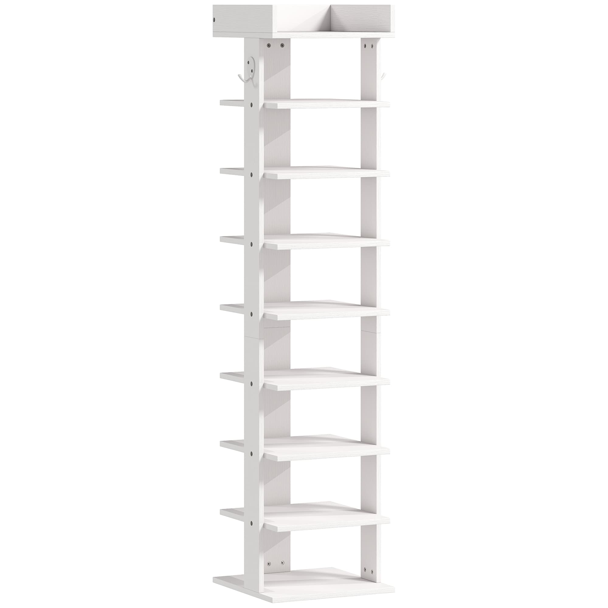 HOMCOM Étagère chaussure à 9 niveaux, range-chaussure jusqu'à 9 paires avec plateau supérieur, 2 crochets, 30x30x128,4cm, blanc