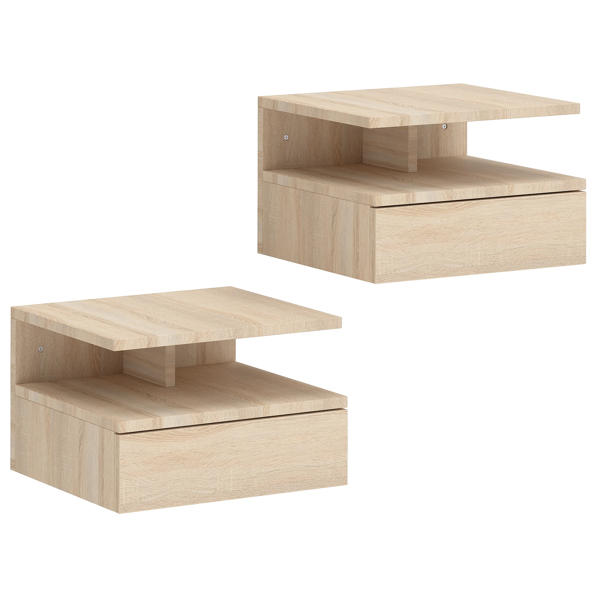 HOMCOM Lot de 2 tables de chevet murales, tables de nuit suspendues avec tiroir, étagère ouverte, 35x32x22,5cm, chêne