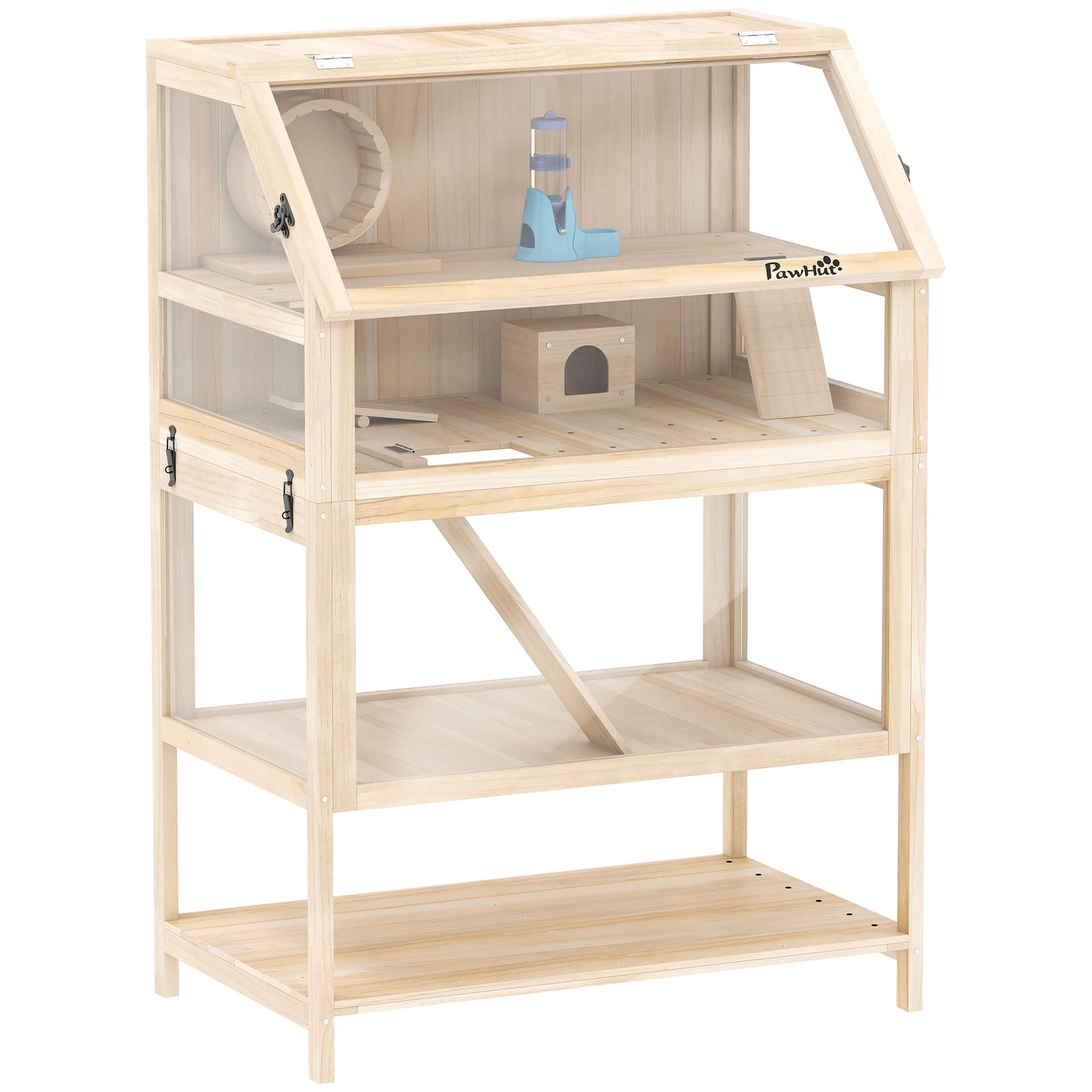 PawHut Cage pour hamster habitat pour rongeur 3 étages avec panneau acrylique et roue 80x53x117cm effet bois naturel