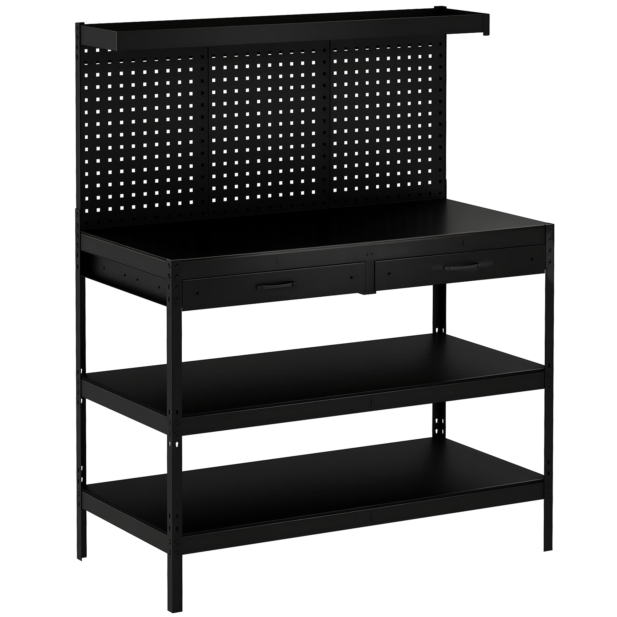 HOMCOM Établi d'Atelier, Charge Max. 272 kg, 122x61x156 cm, Panneau Perforé, 2 Tiroirs et 2 Étagères Réglables, Noir