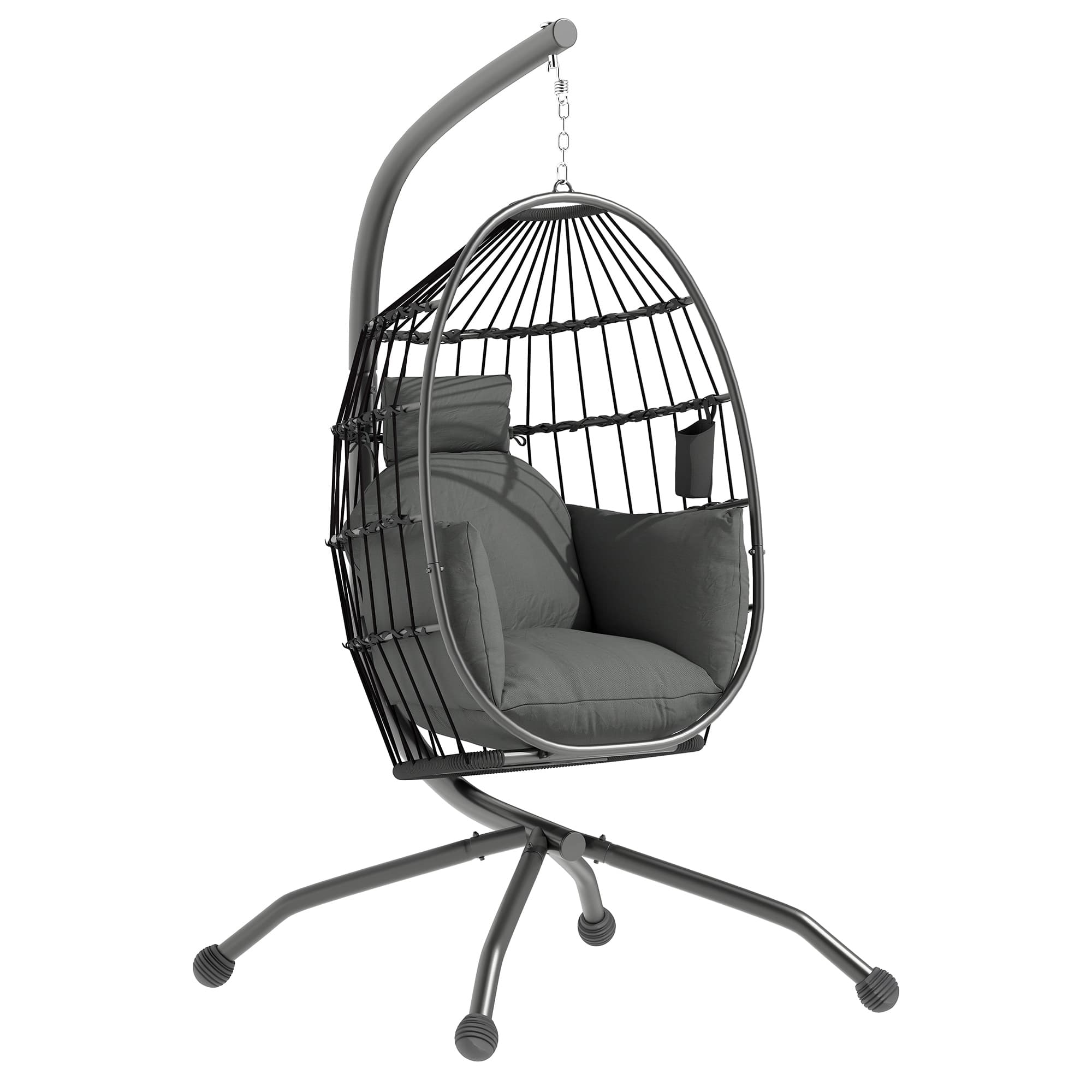 Outsunny Fauteuil suspendu, fauteuil oeuf suspendu panier pliable, coussin rembourré, porte-gobelet, 120x88x192cm, gris foncé