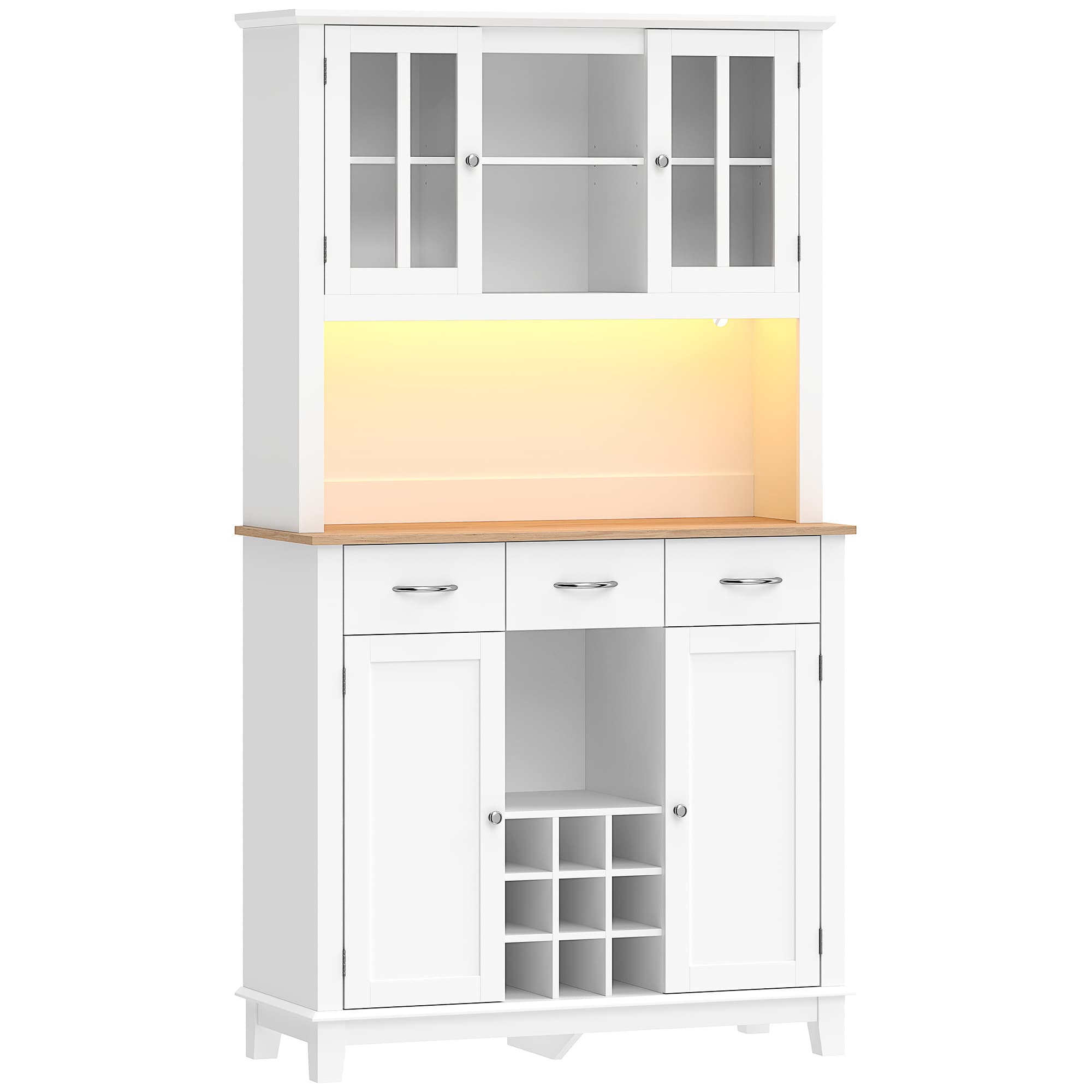 HOMCOM Buffet haut cuisine avec éclairage LED, vaisselier, 4 portes dont 2 en verre, tiroirs, porte-bouteilles, blanc