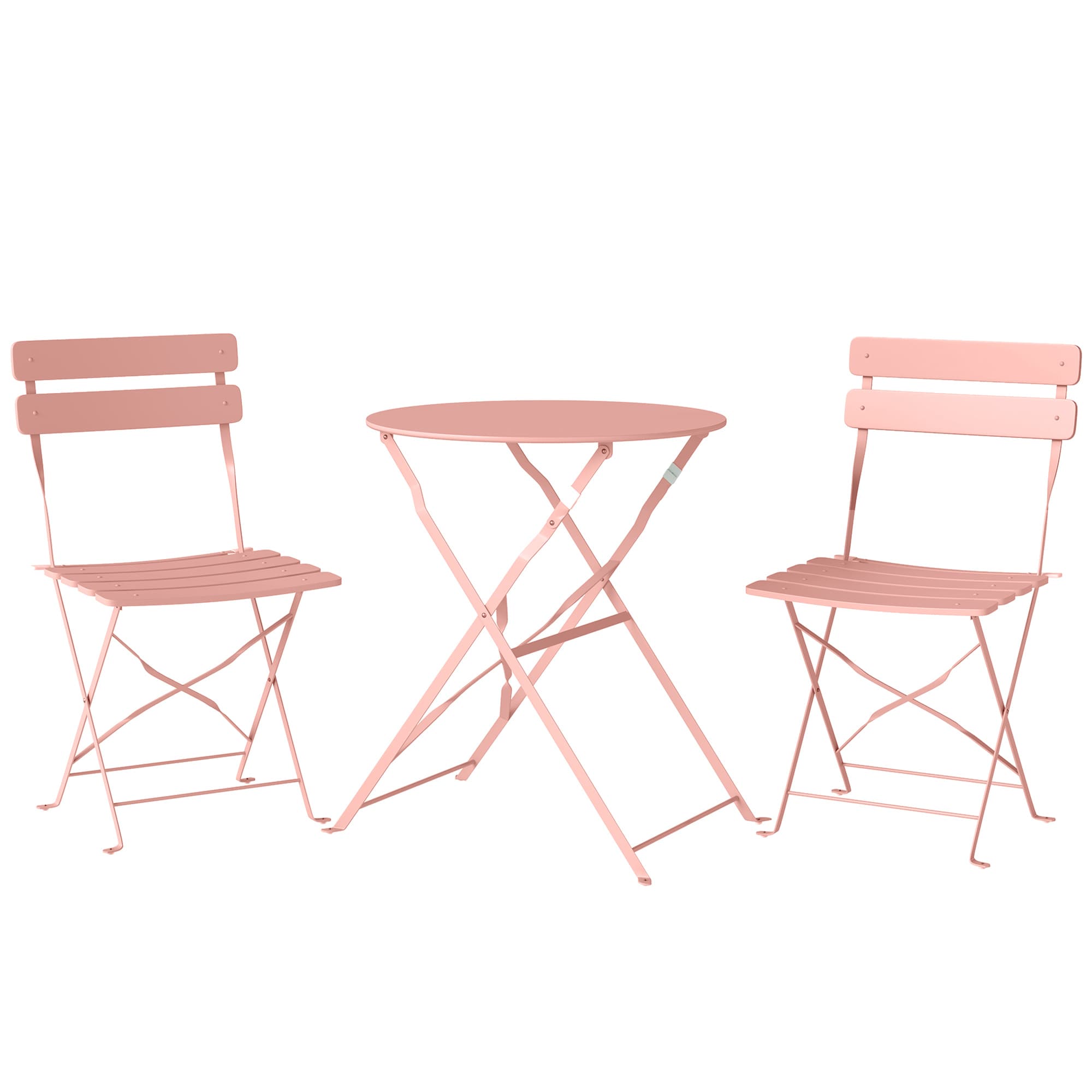 Outsunny Ensemble Bistrot de Jardin 3 Pièces Table et 2 Chaises Pliantes à Lattes Double Protection Antirouille Rose