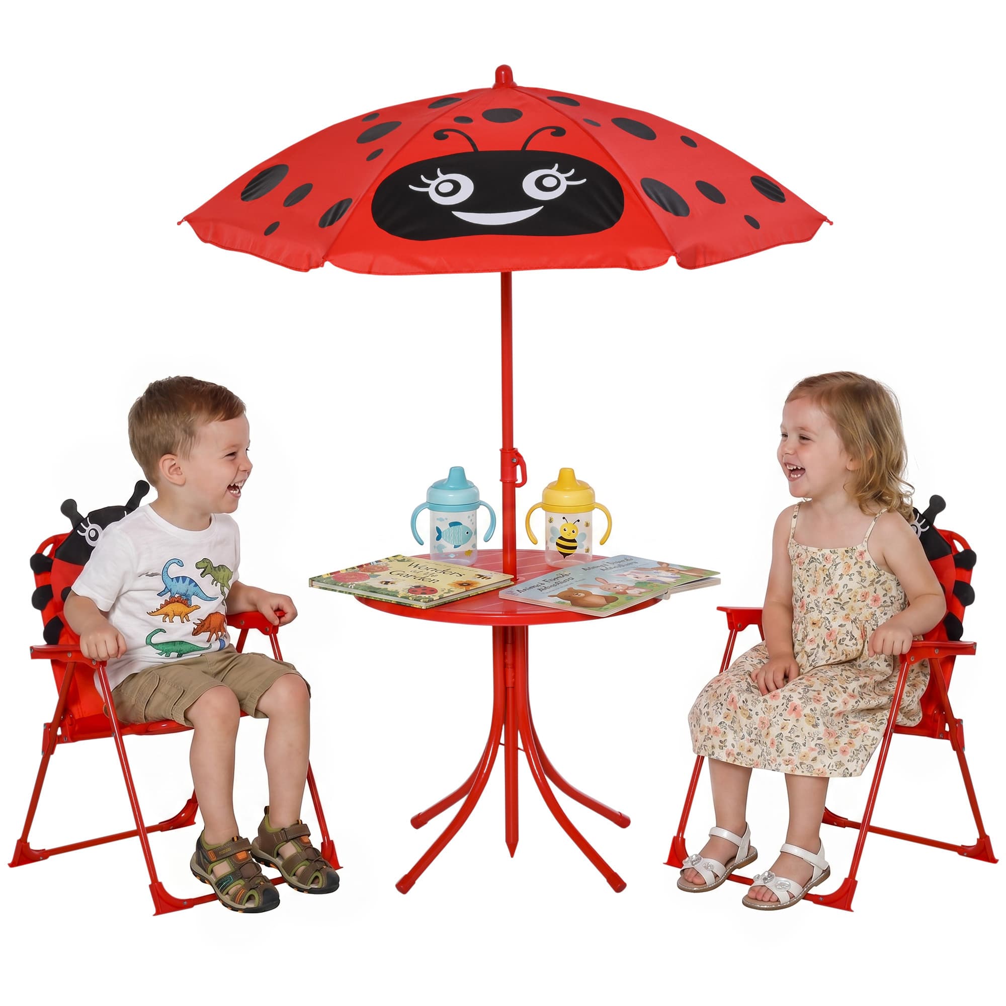 Outsunny Ensemble salon de jardin enfant 4 pcs design grenouille - table ronde + 2 chaises pliables + parasol - métal époxy oxford rouge-AOSOM.fr