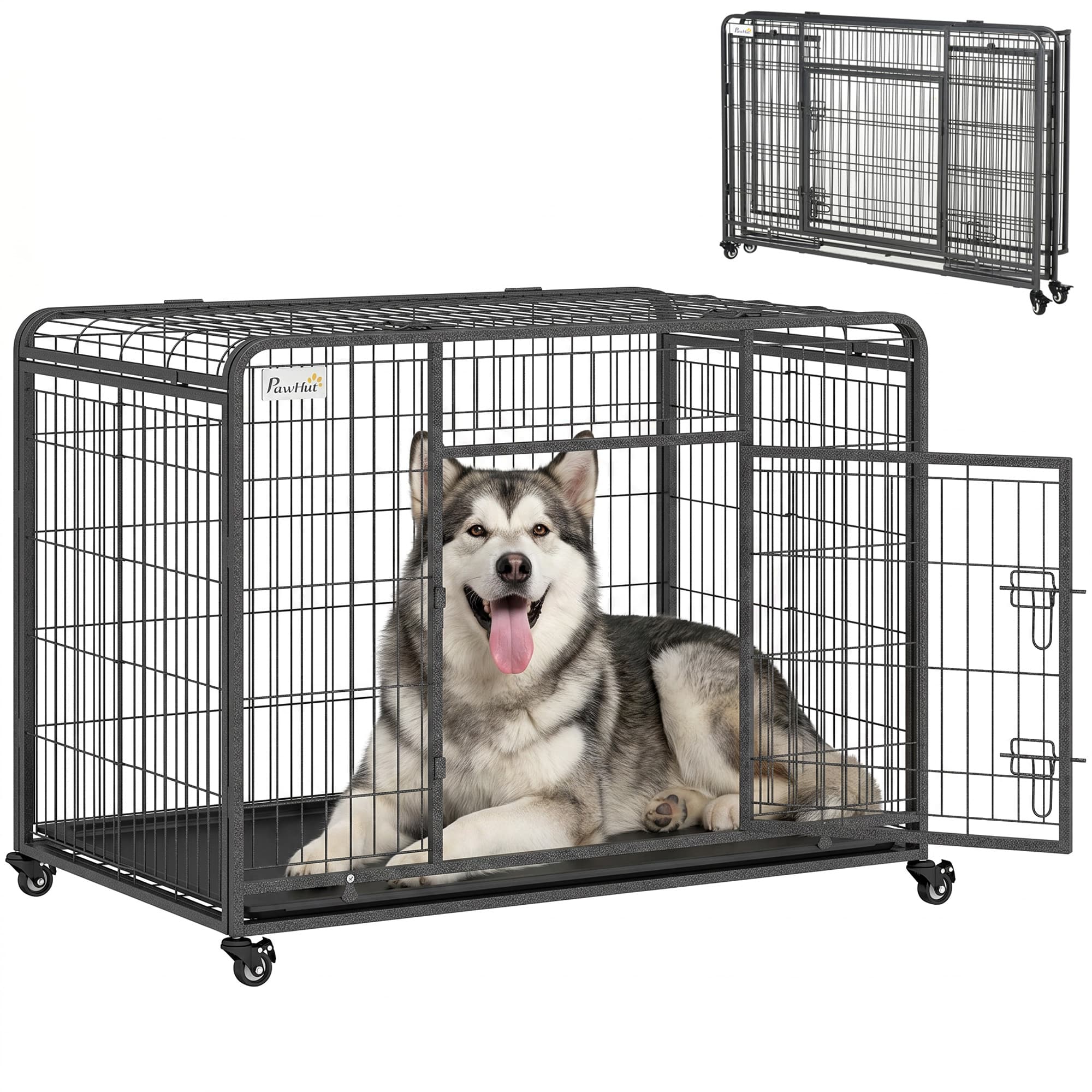 PawHut Caisse de Transport Pliable pour Chiens avec Porte Grillagée, Couvercle Ouvrant et Plateau Amovible sur Roulettes Aosom France