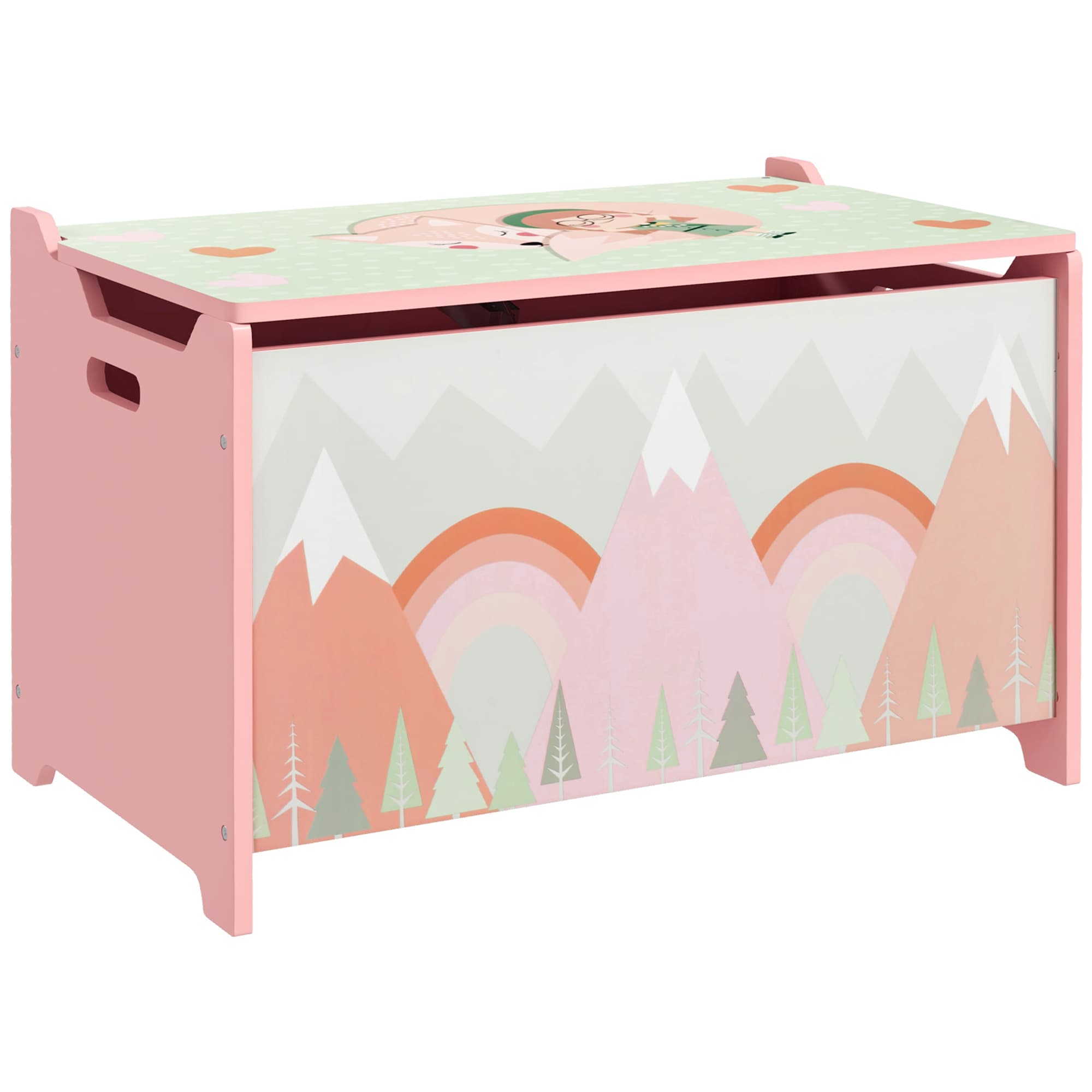 ZONEKIZ Coffre à jouet enfant coffre de rangement enfant couvercle rabattable motif de forêt coins arrondis 60 x 37 x 39 cm rose