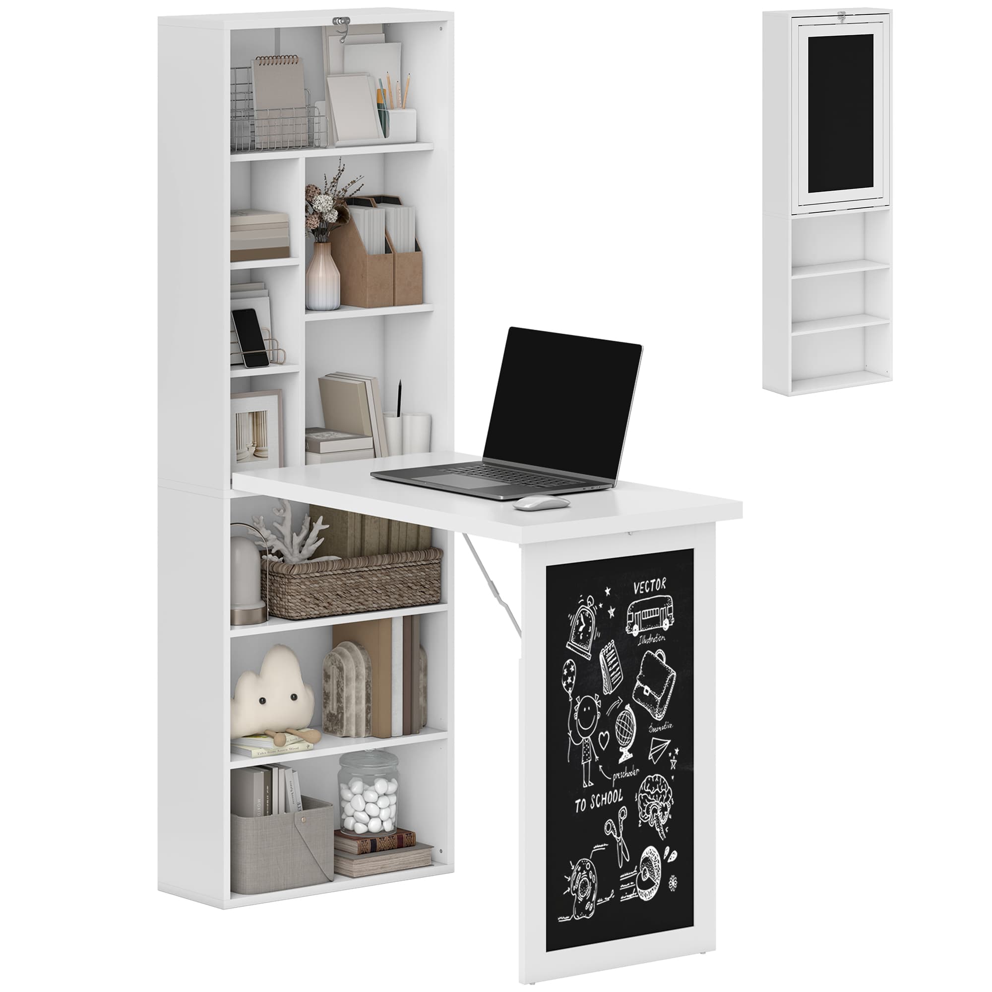 HOMCOM Bureau Mural Pliable Table Murale Rabattable Suspendue sur Pied avec bibliothèque Tableau à Craie intégré Panneaux Particules Blanc