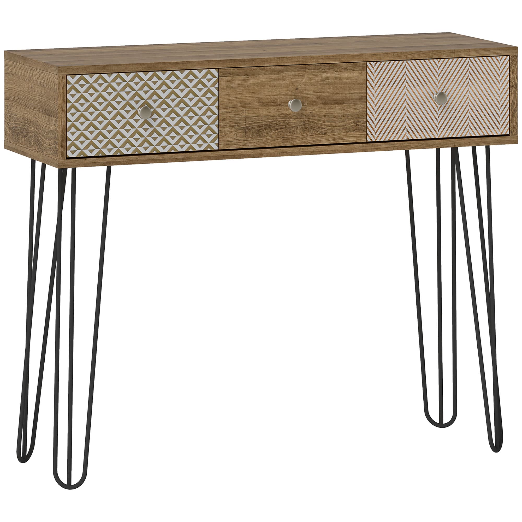 HOMCOM Table console avec 3 tiroirs, table d'entrée étroite avec pieds en épingle à cheveux en acier, 90 x 30 x 75 cm, marron