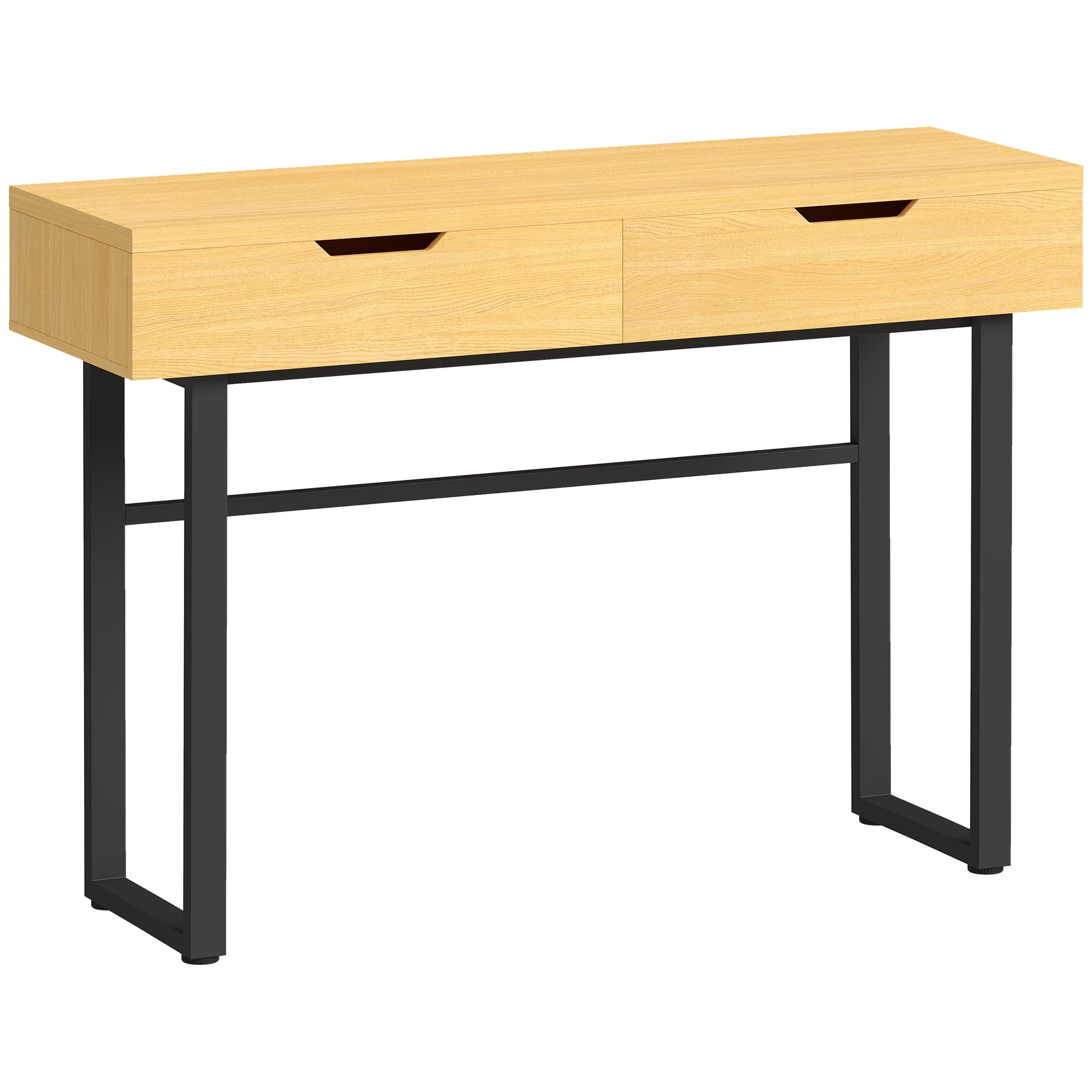 HOMCOM Console meuble 120 cm, table console étroite avec 2 tiroirs, cadre en métal et design sans poignées, bois naturel