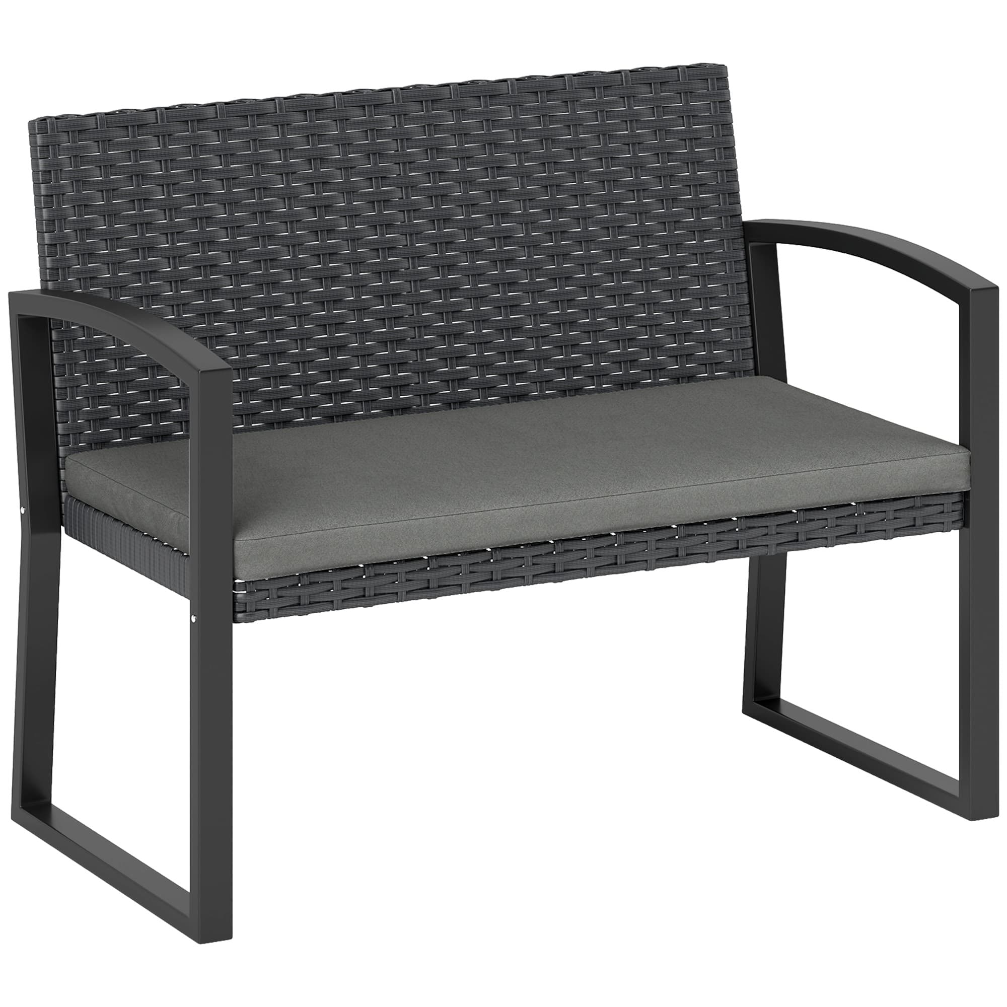 Outsunny Banc de jardin 2 places, banc d'extérieur en résine tressée PE avec coussin, acier galvanisé, 103x58x78cm, gris et noir