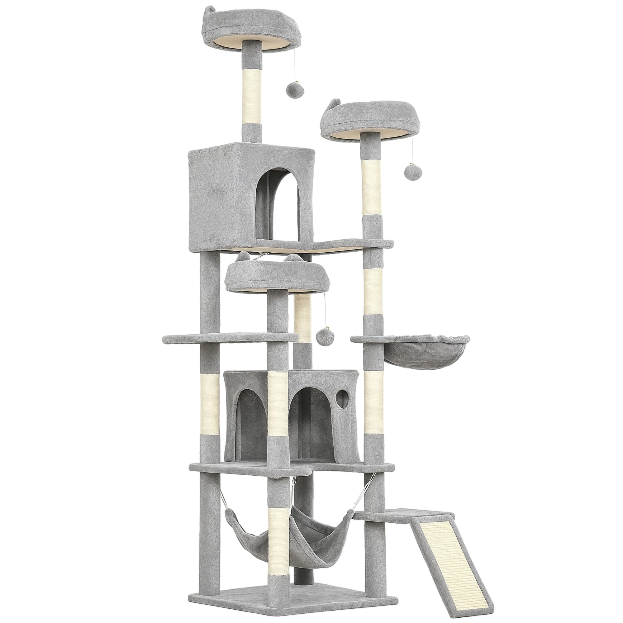 PawHut Arbre à chat tour de jeux pour chat 8 poteaux à griffer 4 plateformes 2 niches échelle et 3 boules hauteur 192 cm gris