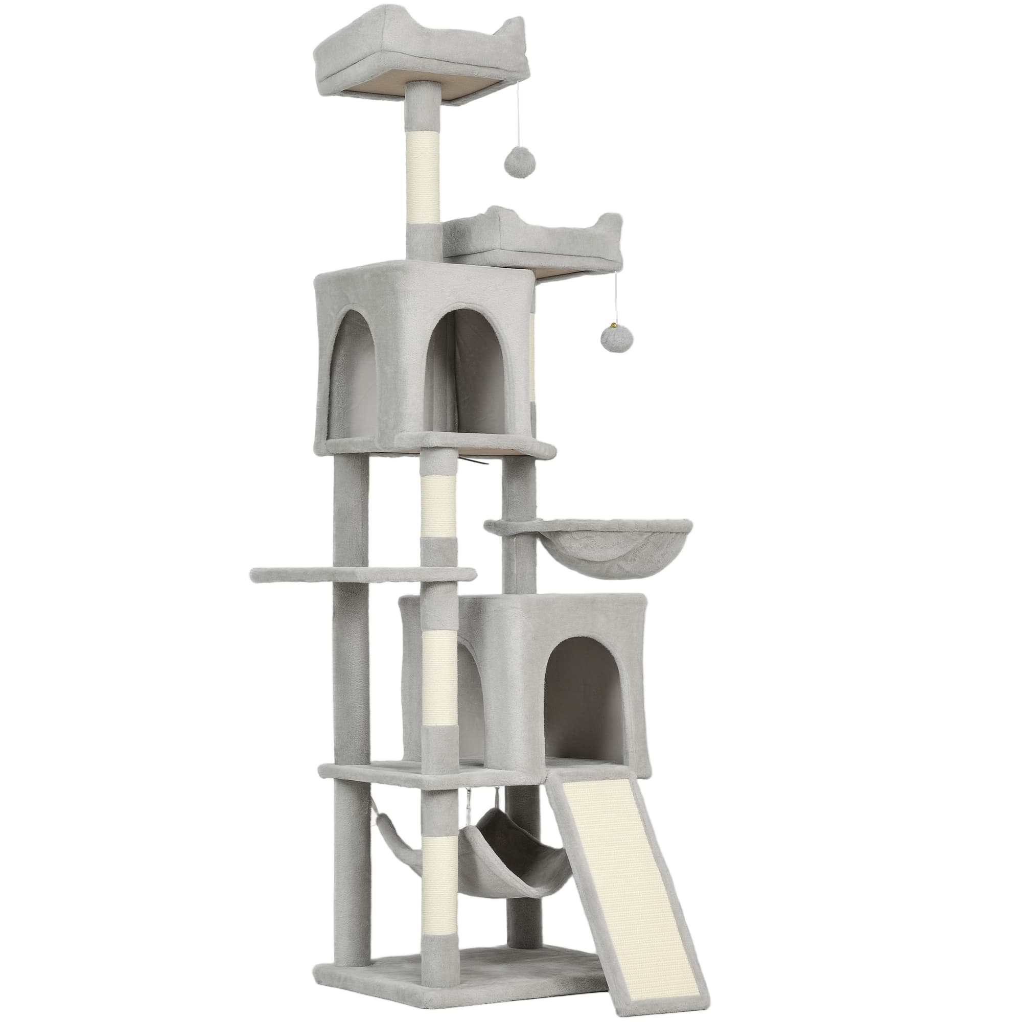 PawHut Arbre à chat tour de jeux pour chat 3 platesformes 2 niches 2 lits 2 hamacs 1 échelle hauteur 177 cm gris clair