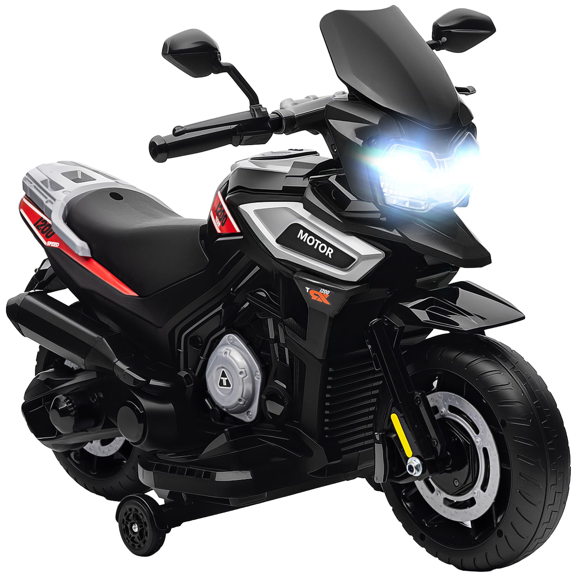 AIYAPLAY Moto électrique enfants 6 V, voiture électrique enfants avec roues d'entraînement, musique, effets lumineux, noir
