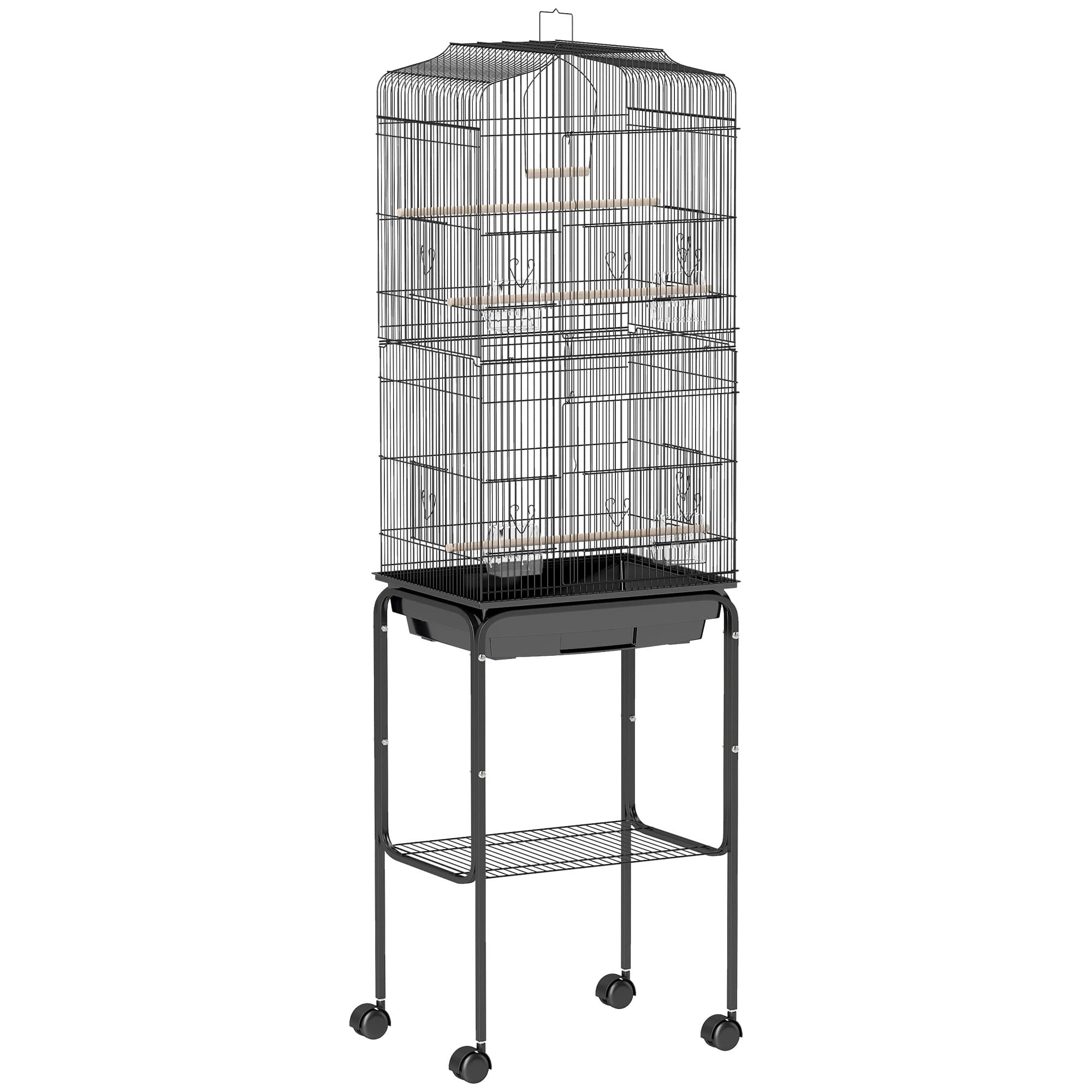 PawHut Cage à oiseaux sur pied volière oiseaux sur roulettes toit ouvrant 3 perchoirs étagère inférieure 46,5x36x157cm noir