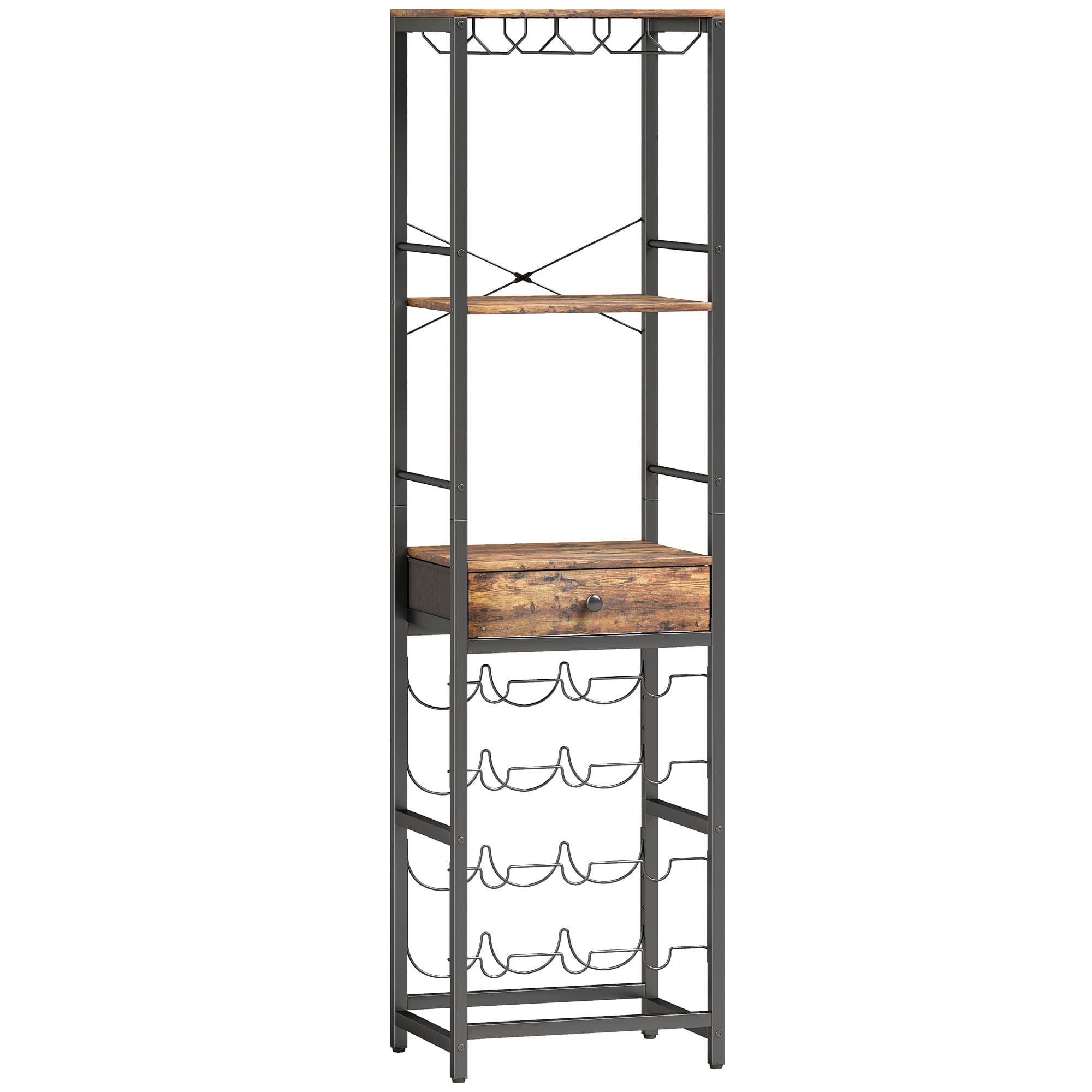 HOMCOM Casier à bouteilles pour 12 bouteilles, casier à vin avec étagère ouverte et tiroir, 40x30x148cm, brun rustique