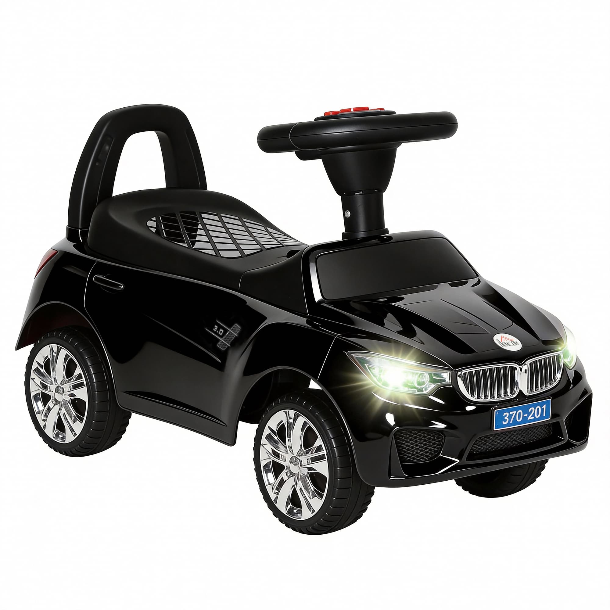 HOMCOM Porteur enfants voiture, véhicule à pousser avec coffre à jouets, klaxon, phares et musique, 63,5 x 28 x 36 cm, noir