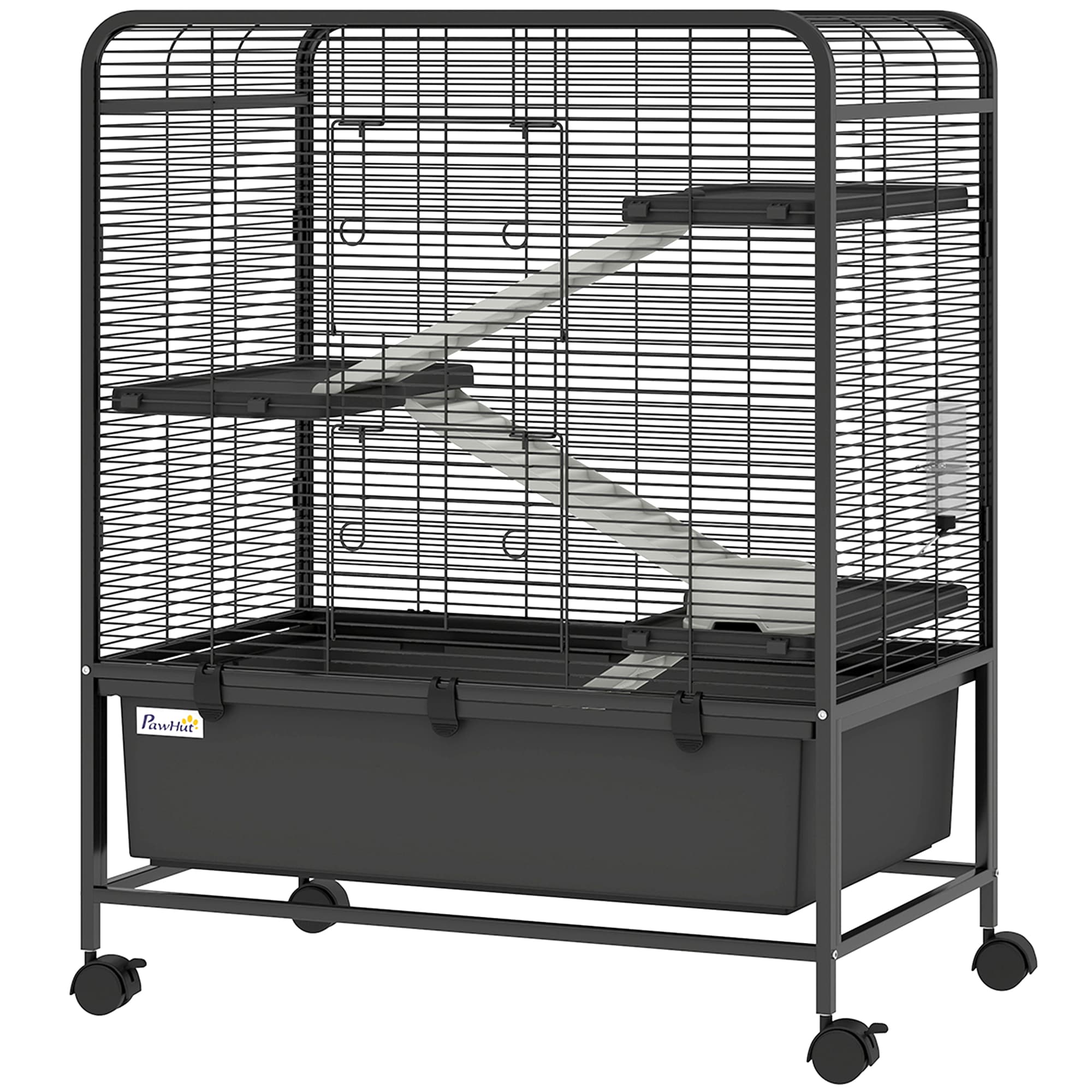 PawHut Cage pour Rongeurs sur Roulantes, 4 Niveaux, 3 Plateformes, 3 Rampes, Bouteille d'Eau, 75x46x94,5cm, Noir