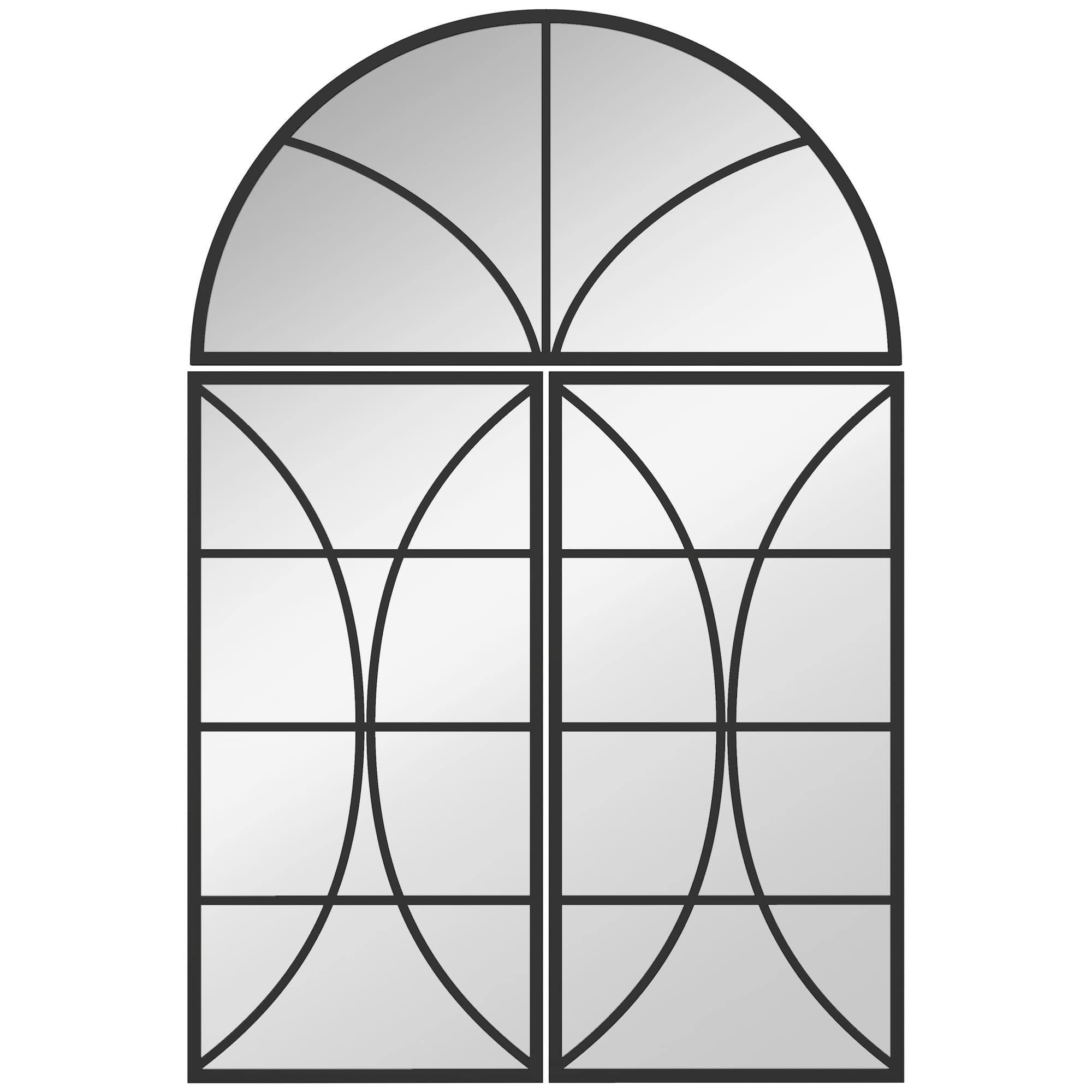 HOMCOM Miroir mural arqué 80 x 120 cm, lot de 3 pièces, miroir verrière en forme de fenêtre, verre trempé et métal, noir