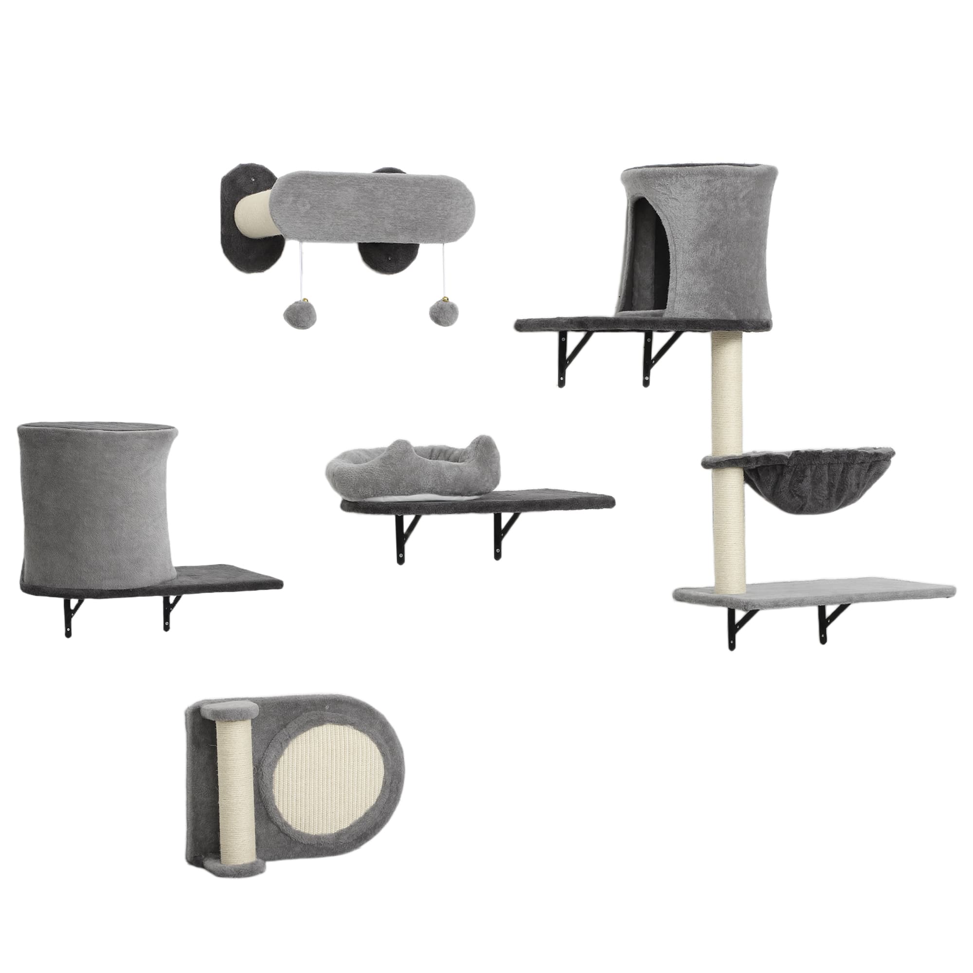 PawHut Étagères murales pour chat arbre à chat mural 5 pièces 2 niches hamac plateformes griffoirs en sisal gris