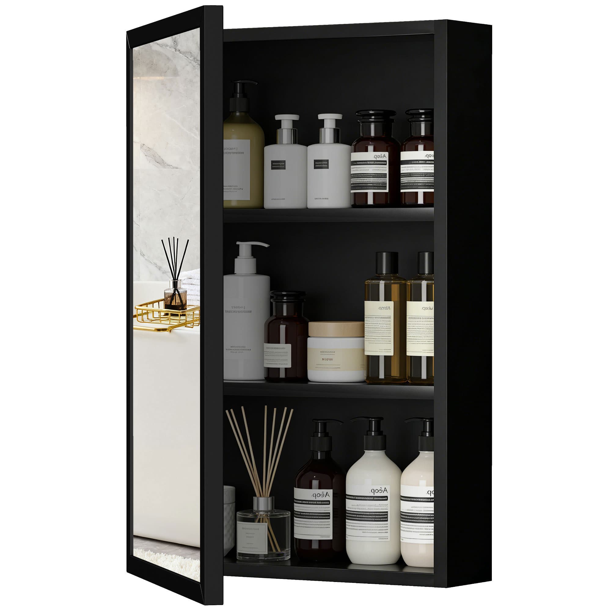 kleankin Armoire miroir de salle de bain armoire murale armoire à glace avec 1 porte et 2 étagères en acier 40 x 12 x 60 cm noir Aosom France