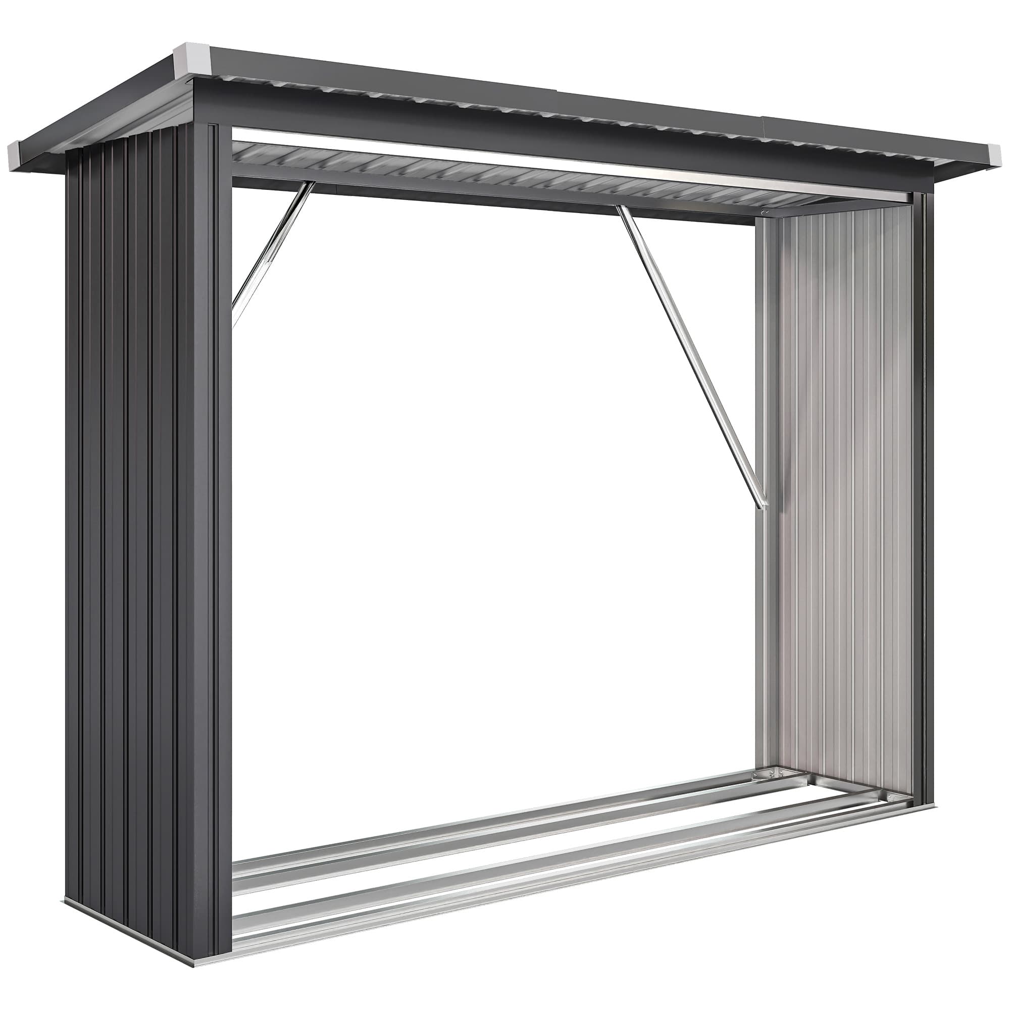 Outsunny Abri-bûches couvert support pour bois de chauffage plancher surélevé toit incliné, acier galvanisé 213x66,5x150cm gris