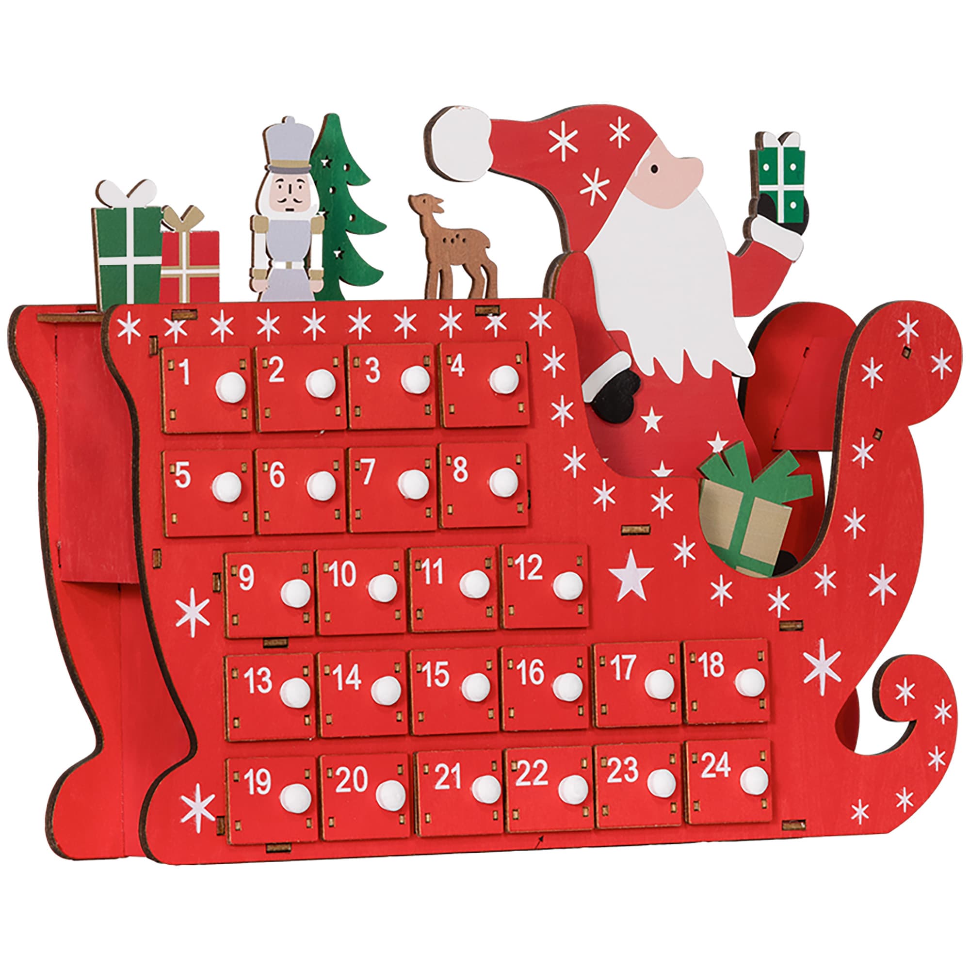 HOMCOM Calendrier de l'Avent à remplir en bois, décoration de Noël avec 24 tiroirs, Père Noël et traîneau, 22,5x8x36cm, rouge