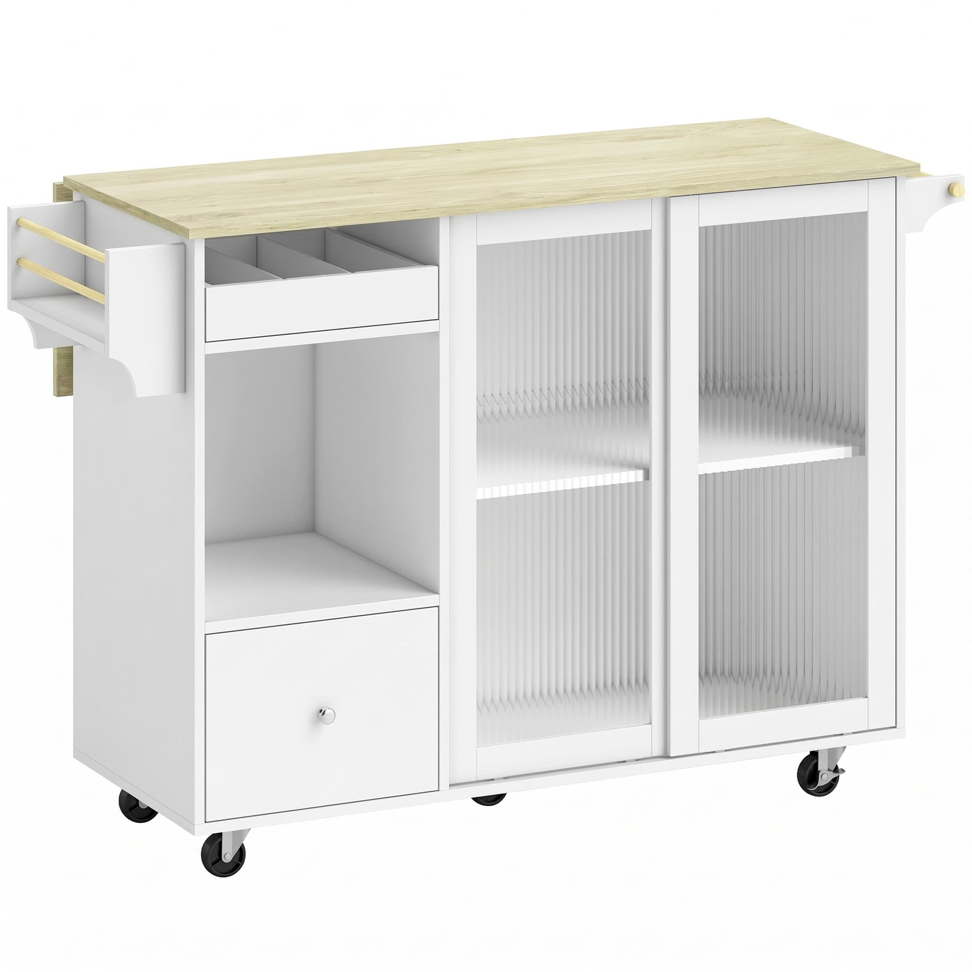 HOMCOM Îlot de Cuisine avec Plan de Travail Rabattable Roulettes Portes Coulissantes en Verre Range-bouteilles Tiroir Porte-épices Étagère Réglable