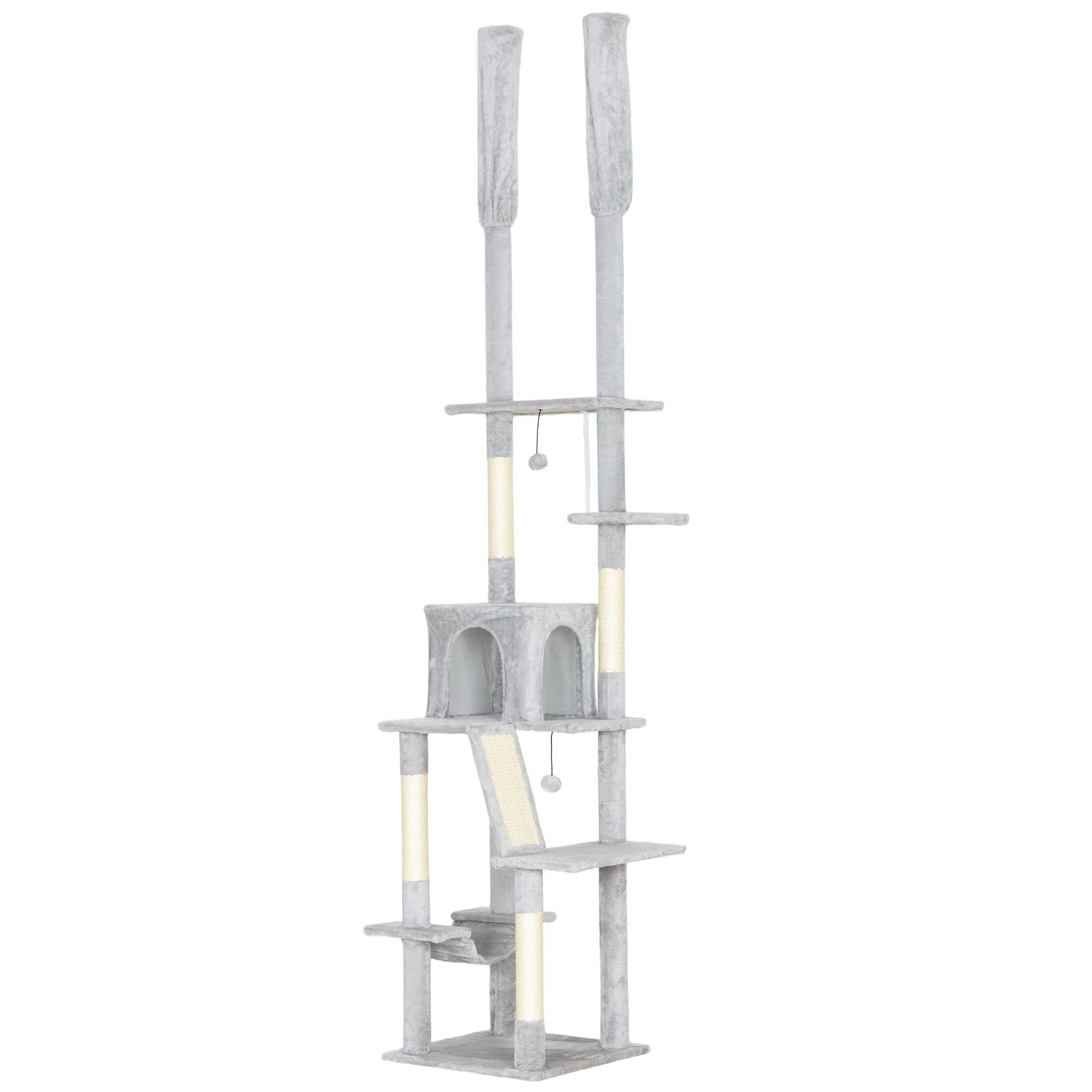 PawHut Arbre à chat du sol au plafond griffoir pour chat hauteur réglable 225-255 cm 6 niveaux avec niche hamac gris clair