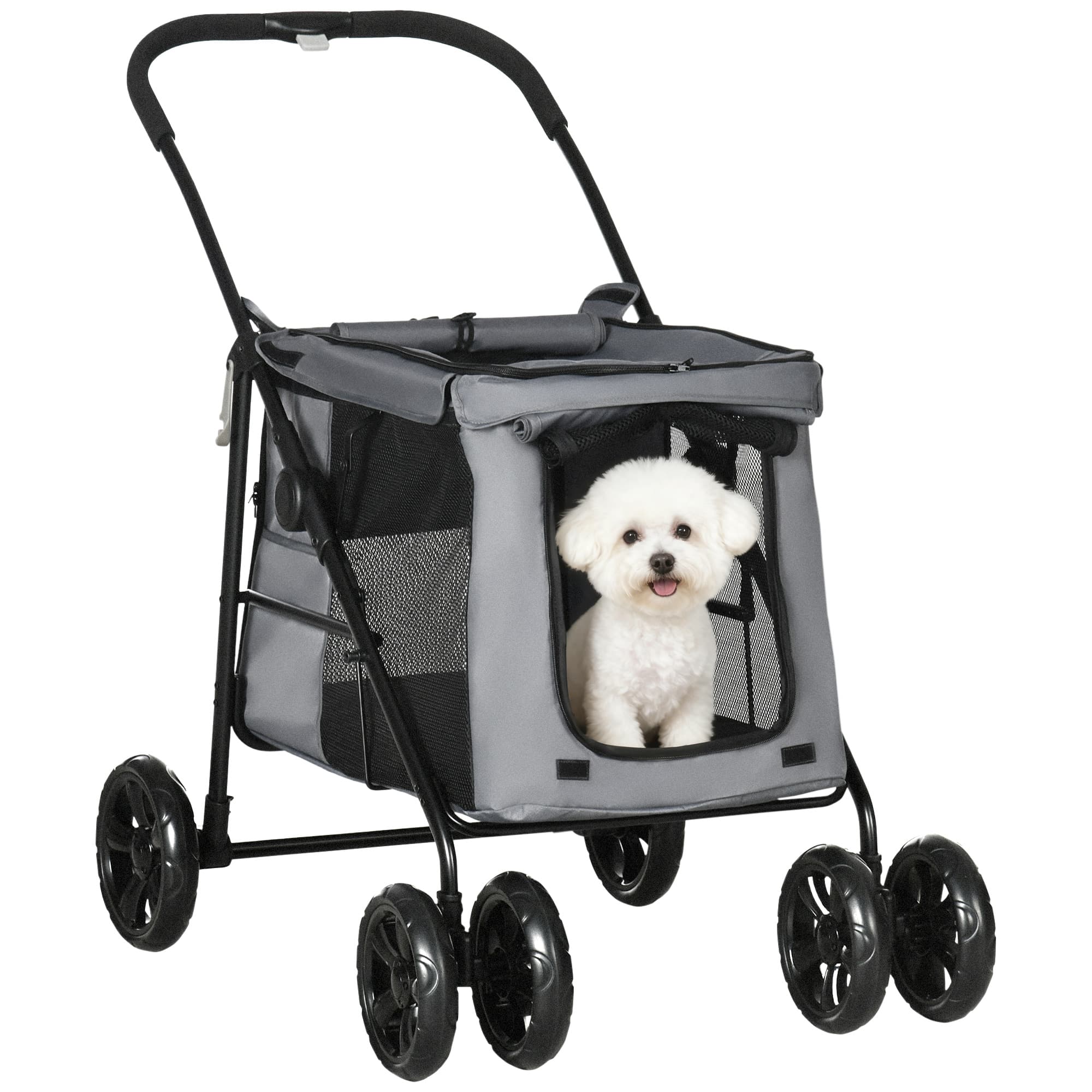 PawHut Poussette pliable animaux chien chat coussin inclus roues avec frein tissu 600D Oxford 102 x 62 x 105 cm gris Aosom France
