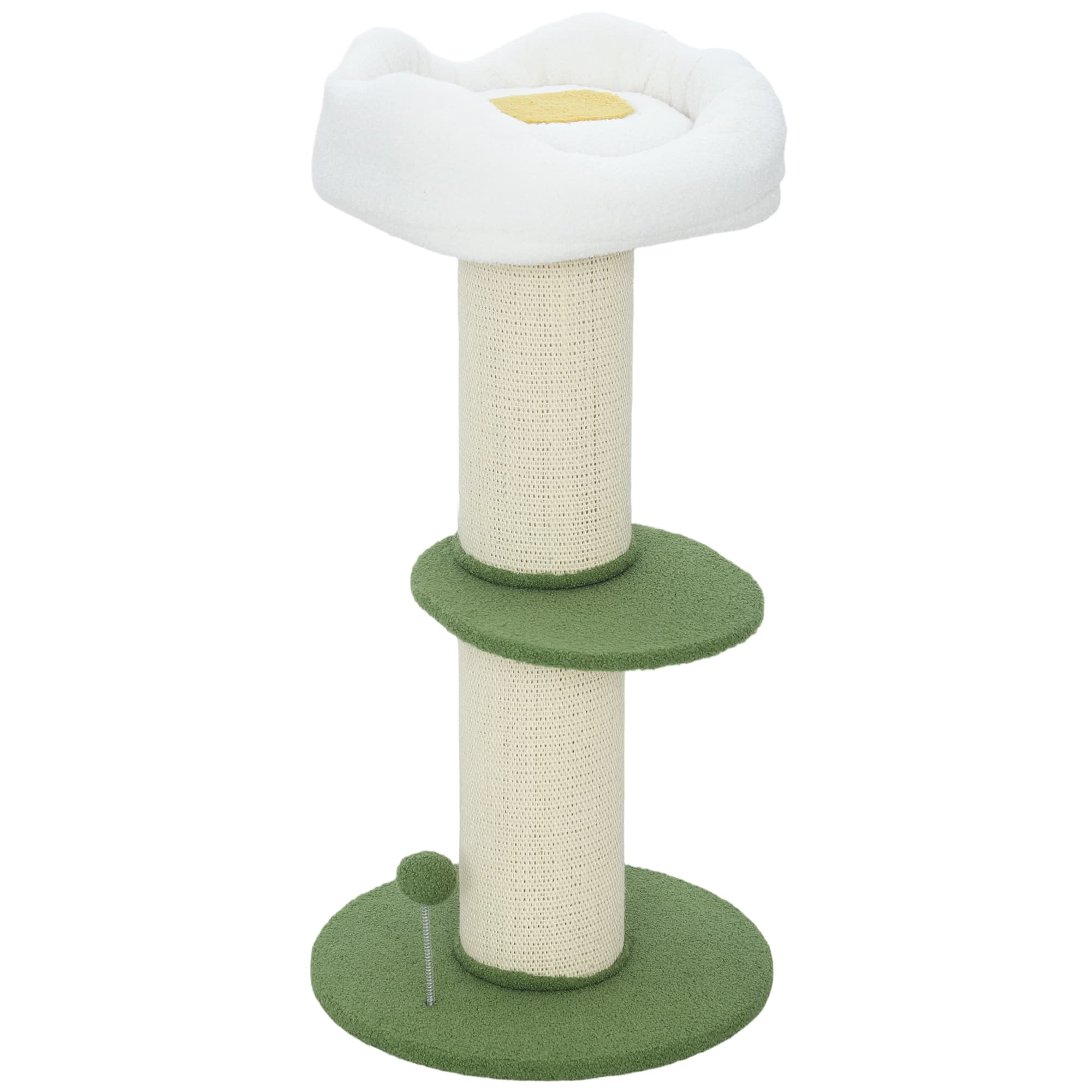 PawHut Arbre à chat à fleurs à 3 niveaux, tonneau à gratter pour chats plateforme et balle poteau en sisal, Ø 45 x 92 cm, vert