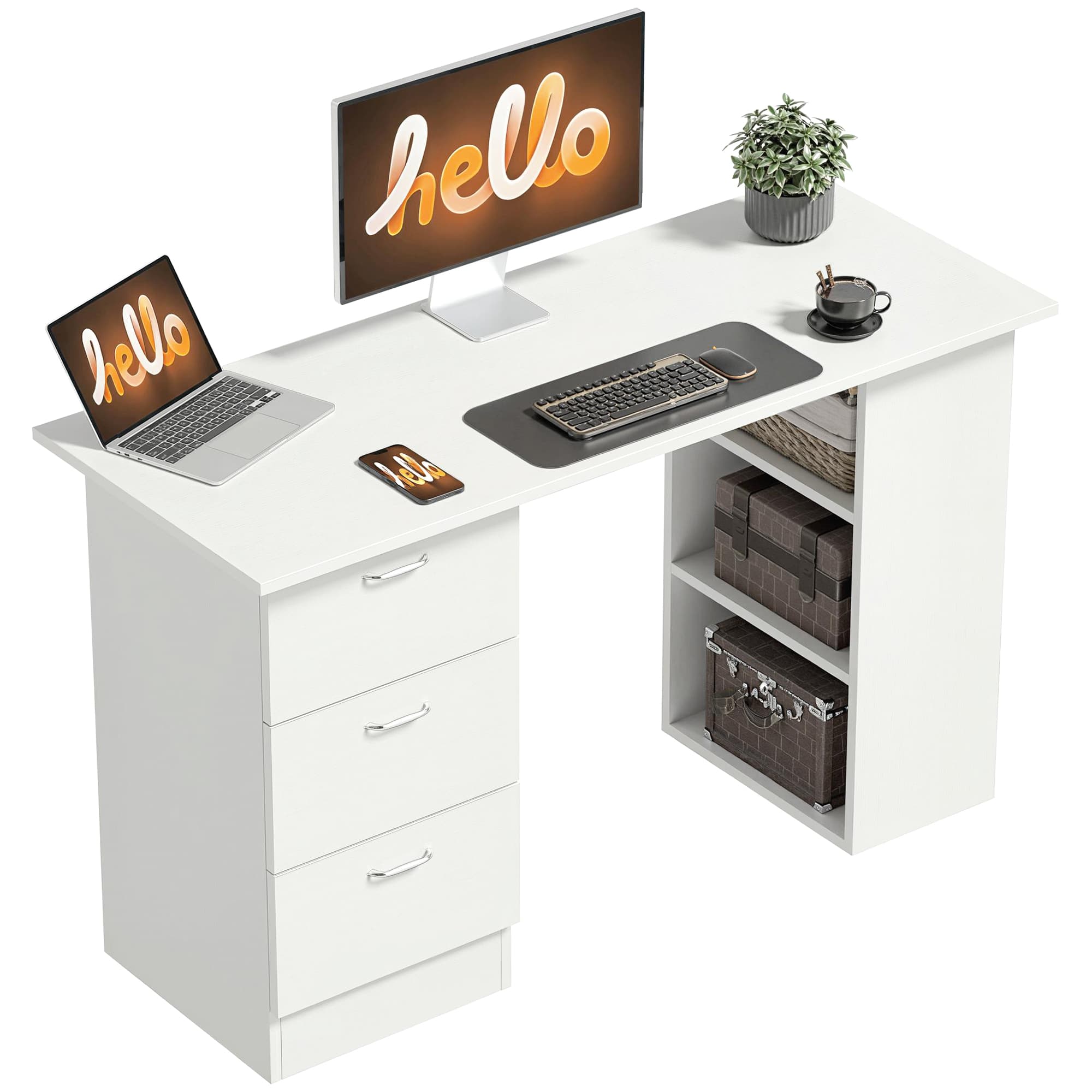 HOMCOM Table d'Ordinateur Table de Bureau avec Rangement 3 Tiroirs et 3 Compartiments 120 x 49 x 72 cm Blanc aosom france
