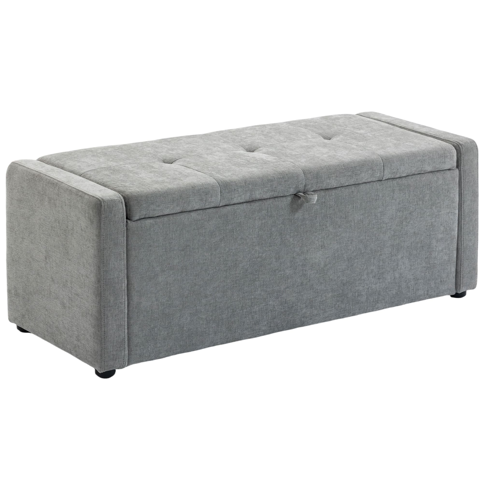 HOMCOM Banc de rangement, bout de lit, repose-pieds rembourré en lin avec assise large, 122 x 48 x 44 cm, gris clair