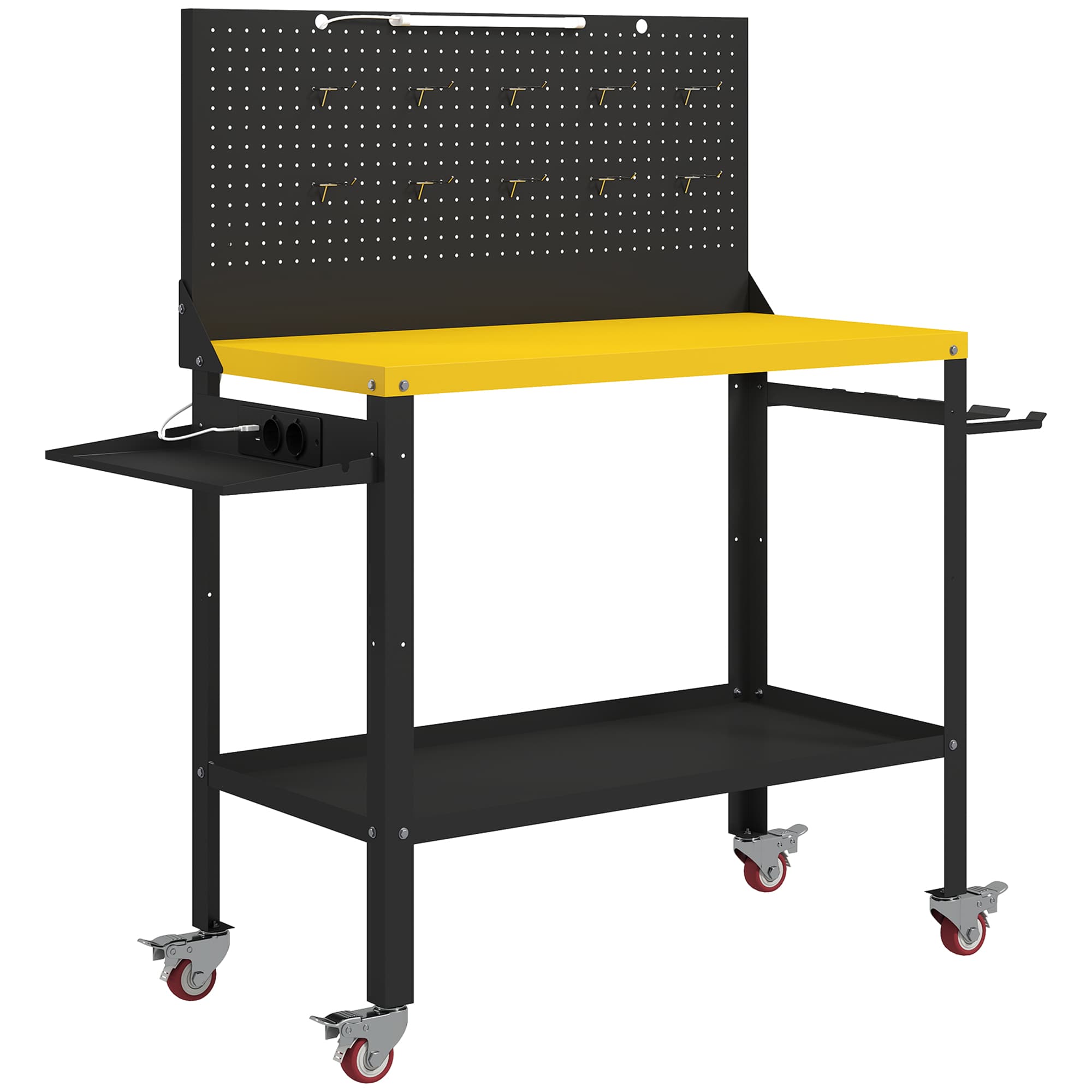 HOMCOM Établi avec panneau perforé Table de travail avec prises Lampe LED Roulettes Cadre métallique Noir et Jaune