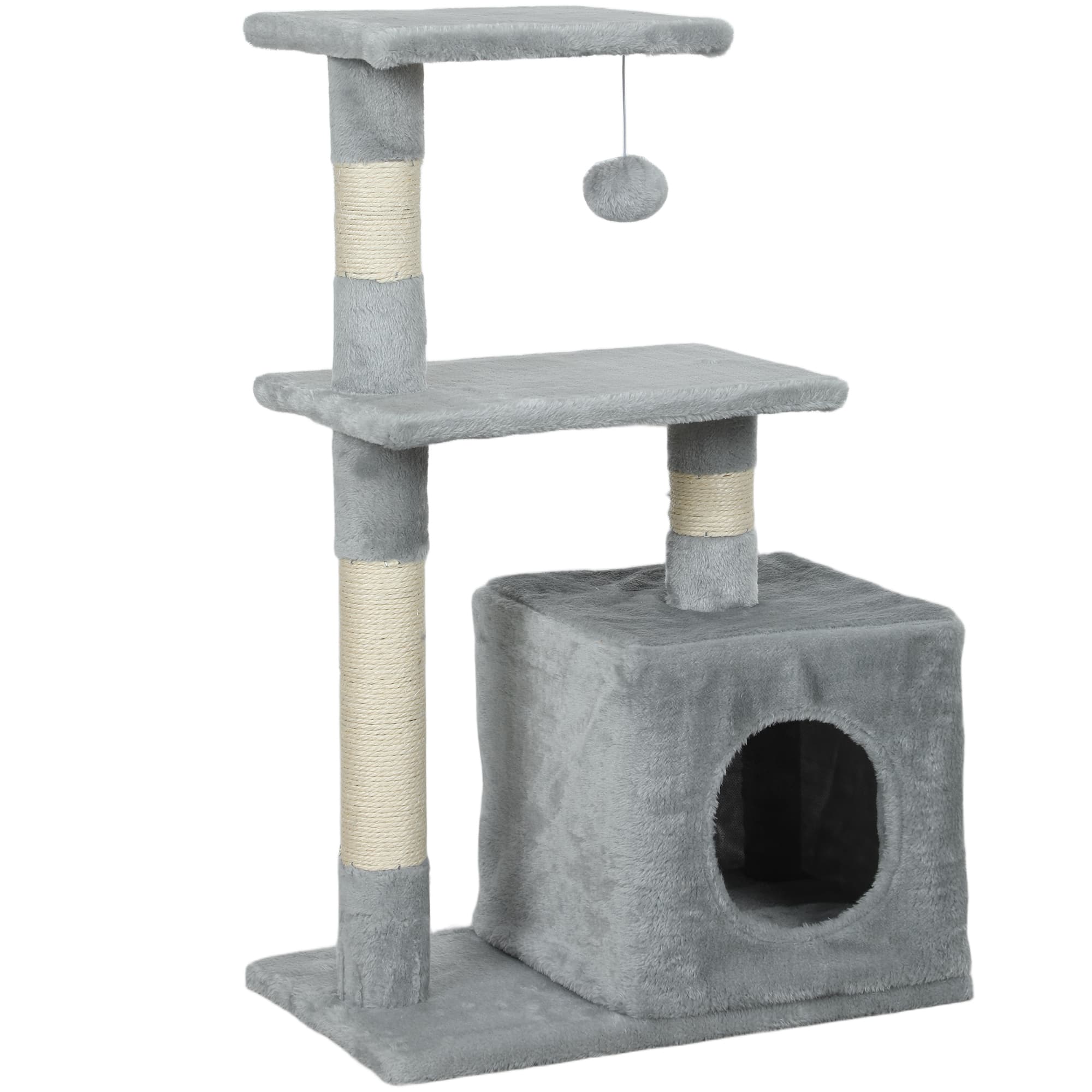 PawHut Arbre à chat tour de jeux pour chats poteaux en sisal, 2 plate-forme, niche, balle, tissu peluche, 50x30x81,5cm, gris