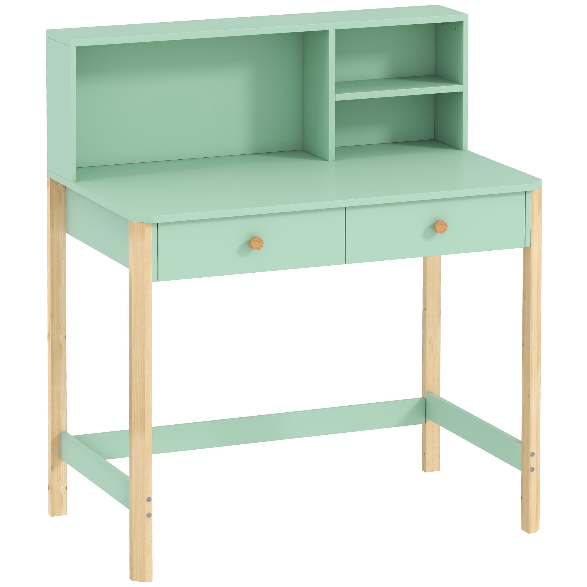 AIYAPLAY Bureau enfant en bois, bureau avec rangement, 2 tiroirs et 3 compartiments ouverts, plateau large, 90x52x105cm, vert