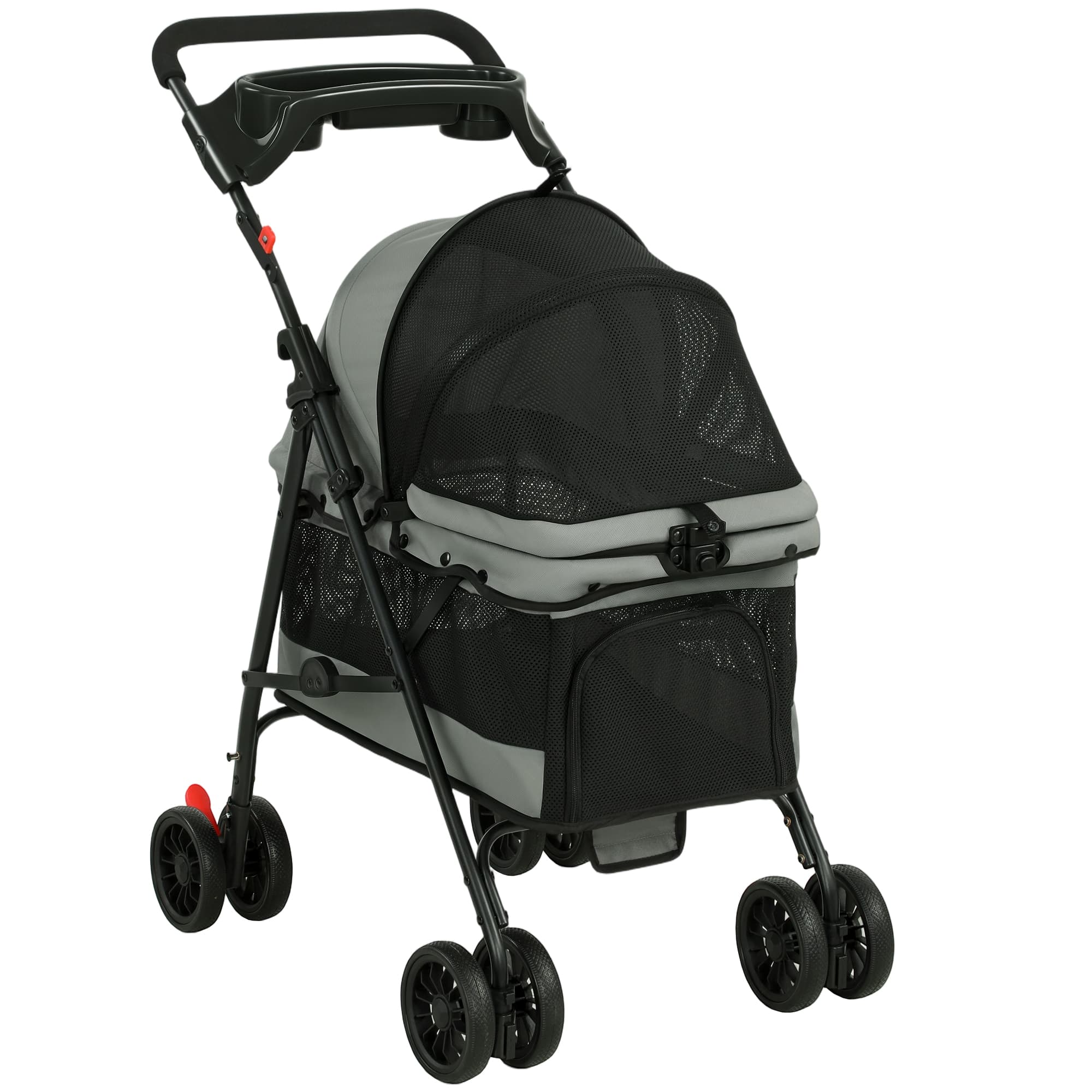 PawHut Poussette pour Chien Pliable, 4 Roues EVA, Fenêtres en Maille, Laisses de Sécurité, Coussin Amovible, 73x50x96cm, Gris